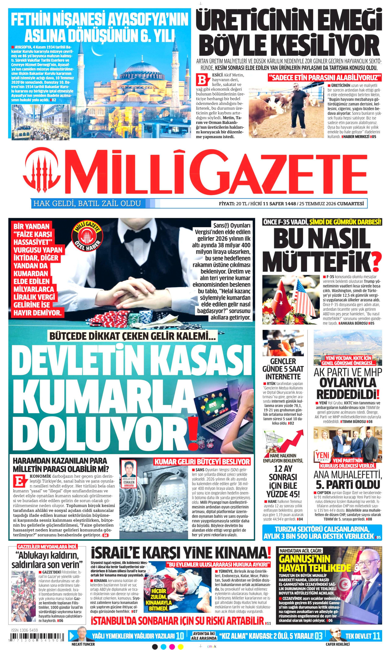 MİLLİ GAZETE gazetesinin 25 Temmuz 2026 tarihli birinci sayfası