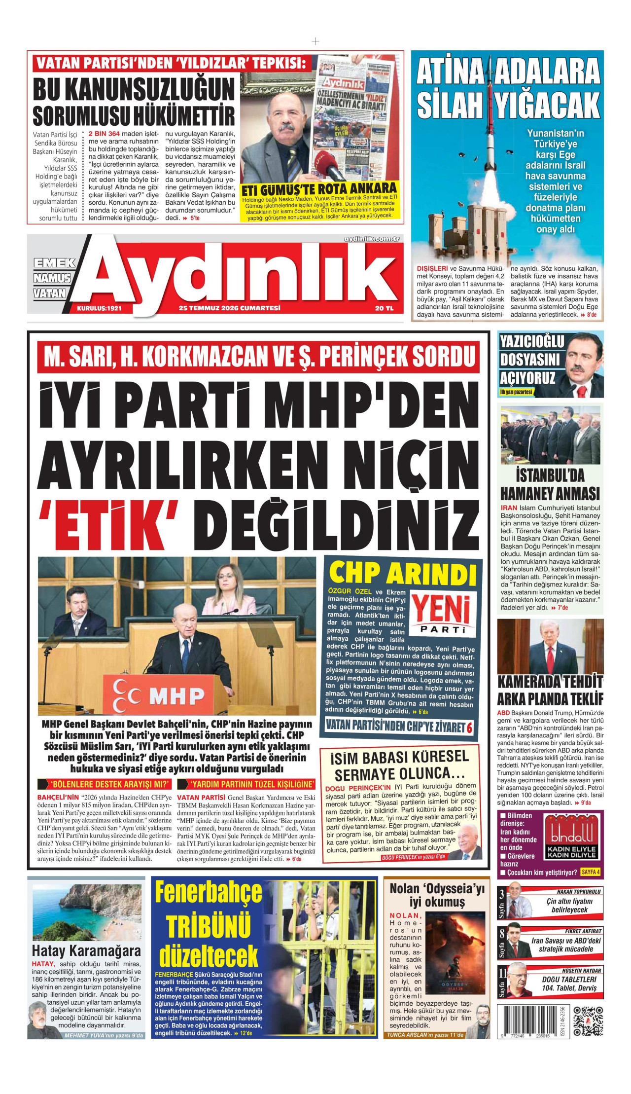 AYDINLIK GAZETESİ gazetesinin 25 Temmuz 2026 tarihli birinci sayfası