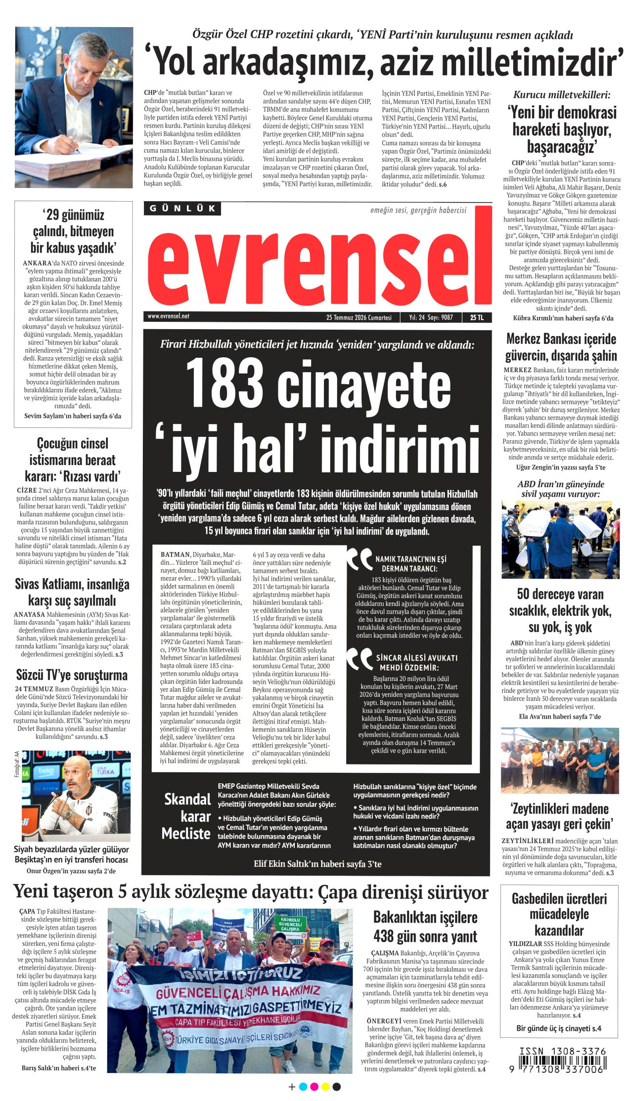 EVRENSEL gazetesinin 25 Temmuz 2026 tarihli birinci sayfası