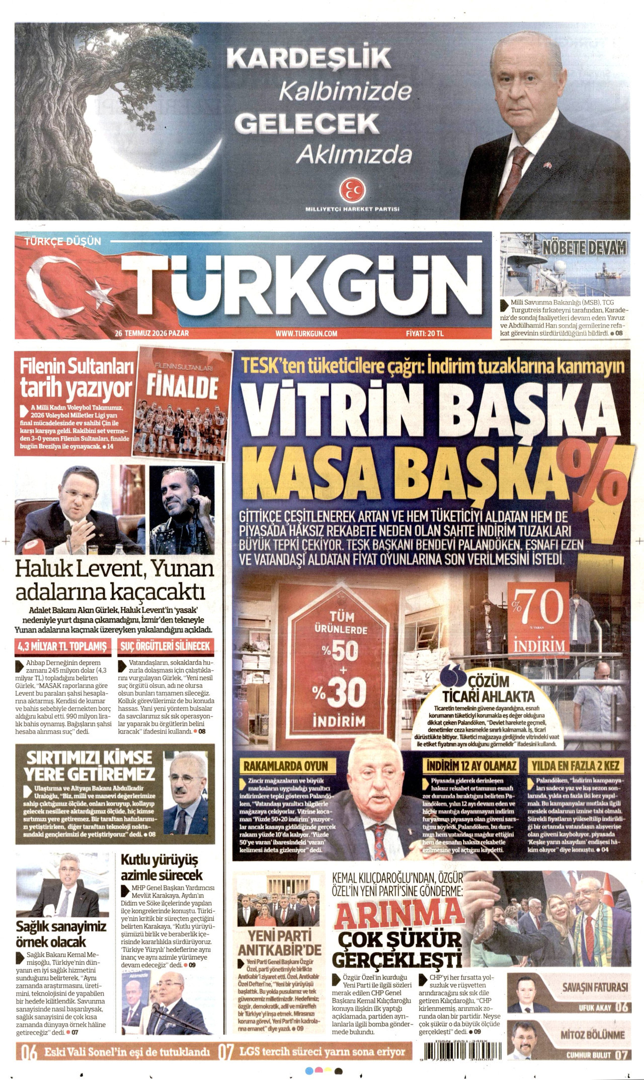 TÜRKGÜN gazetesinin 26 Temmuz 2026 tarihli birinci sayfası