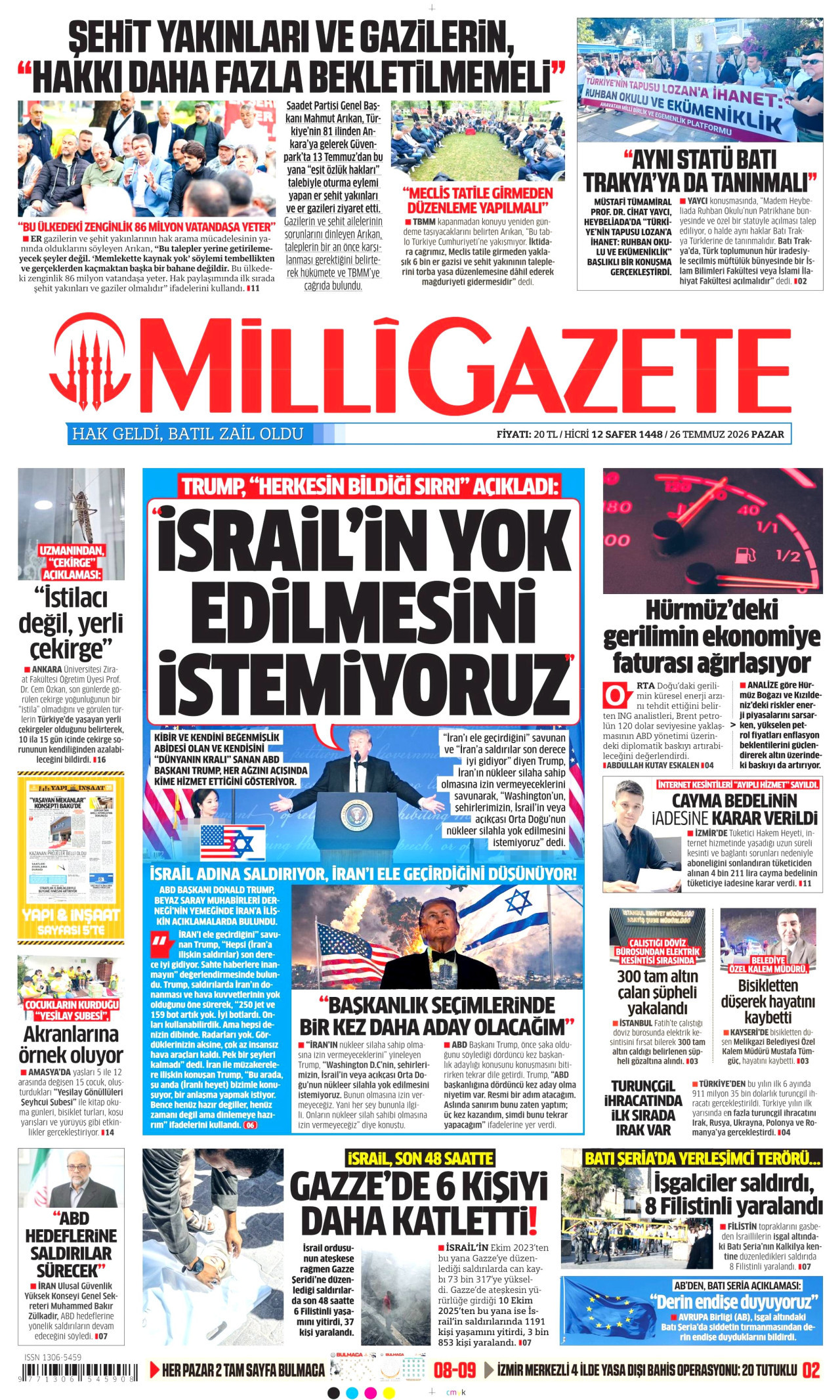 MİLLİ GAZETE gazetesinin 26 Temmuz 2026 tarihli birinci sayfası