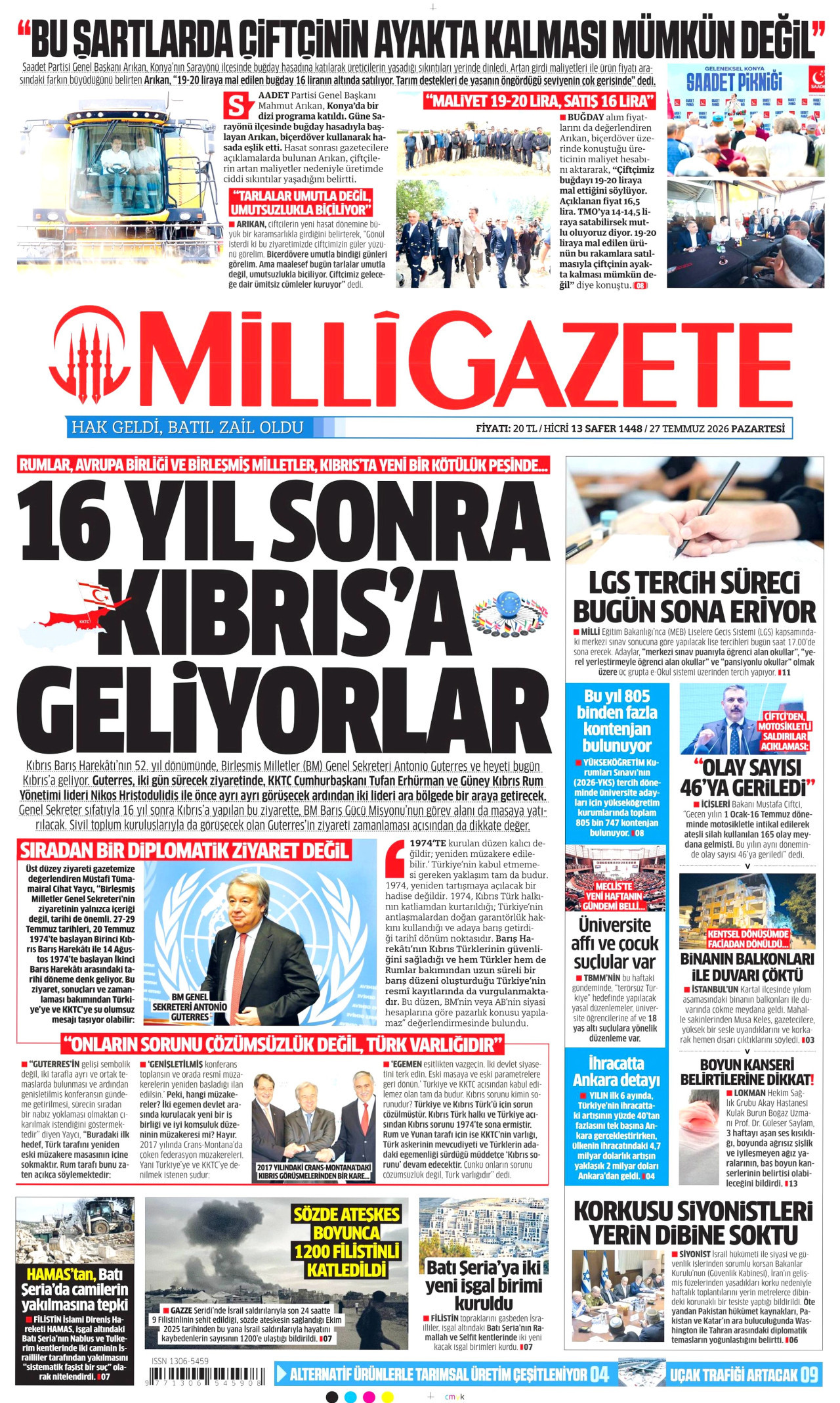 MİLLİ GAZETE gazetesinin 27 Temmuz 2026 tarihli birinci sayfası