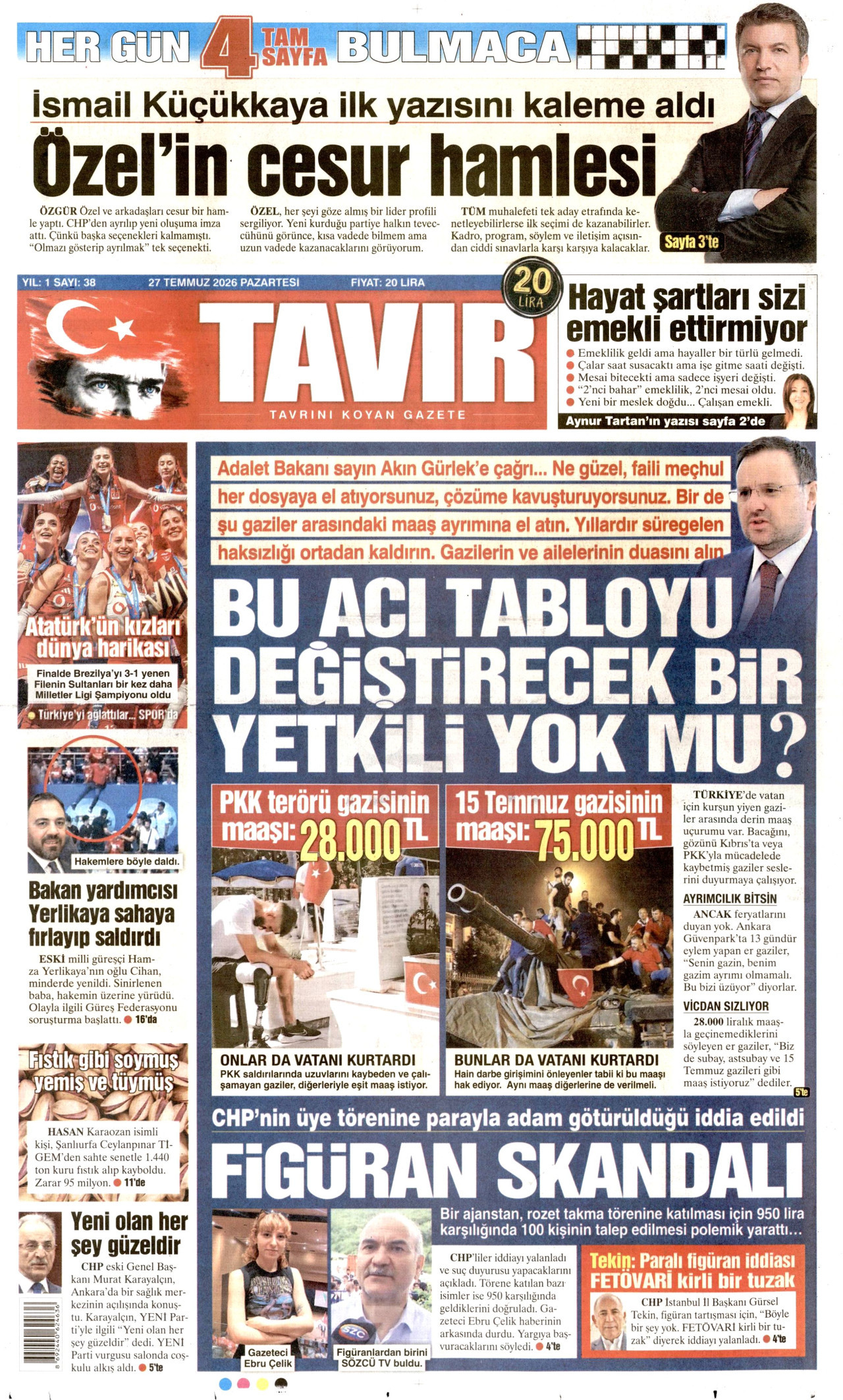 TAVIR GAZETESİ gazetesinin 27 Temmuz 2026 tarihli birinci sayfası