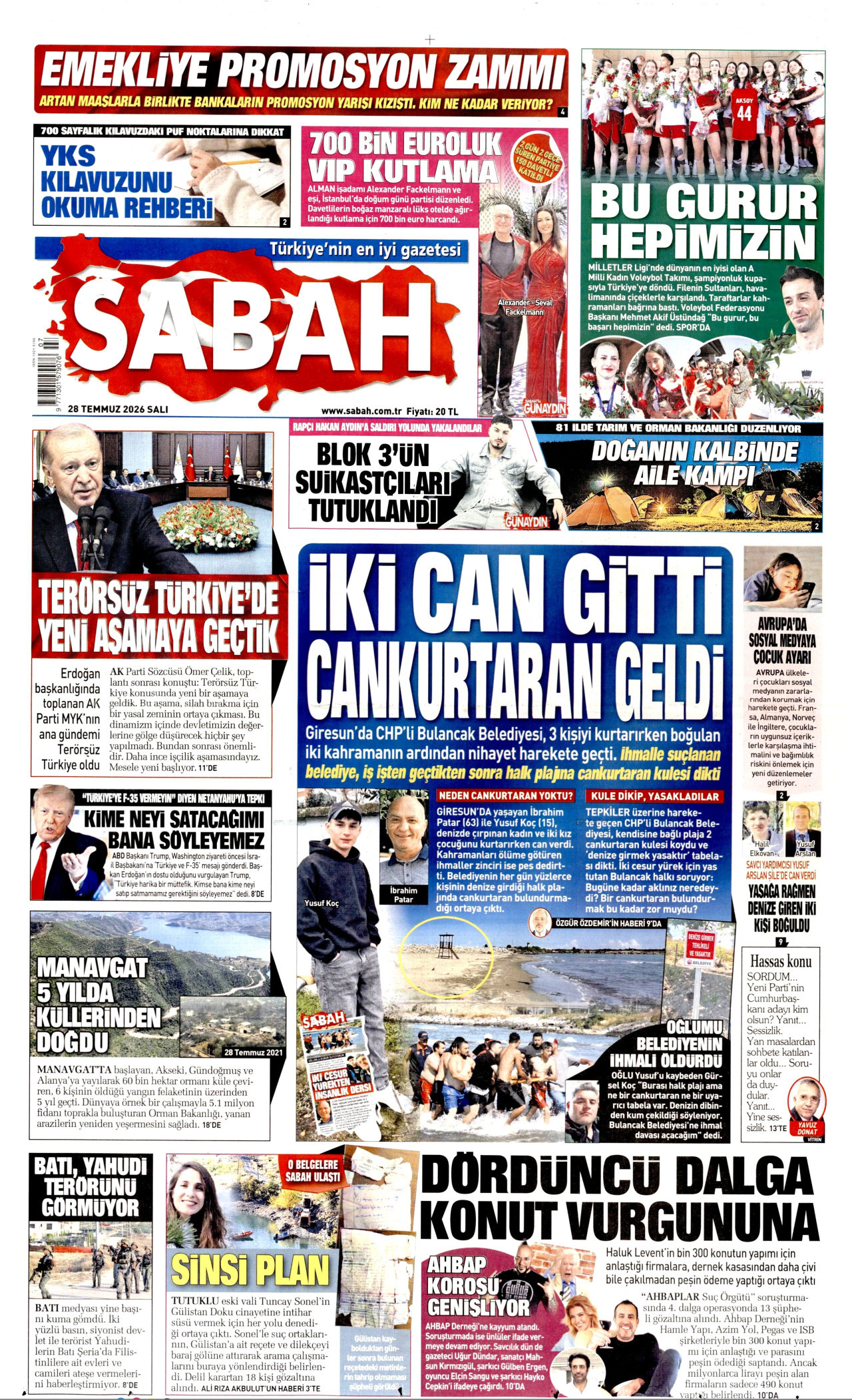 SABAH gazetesinin 28 Temmuz 2026 tarihli birinci sayfası