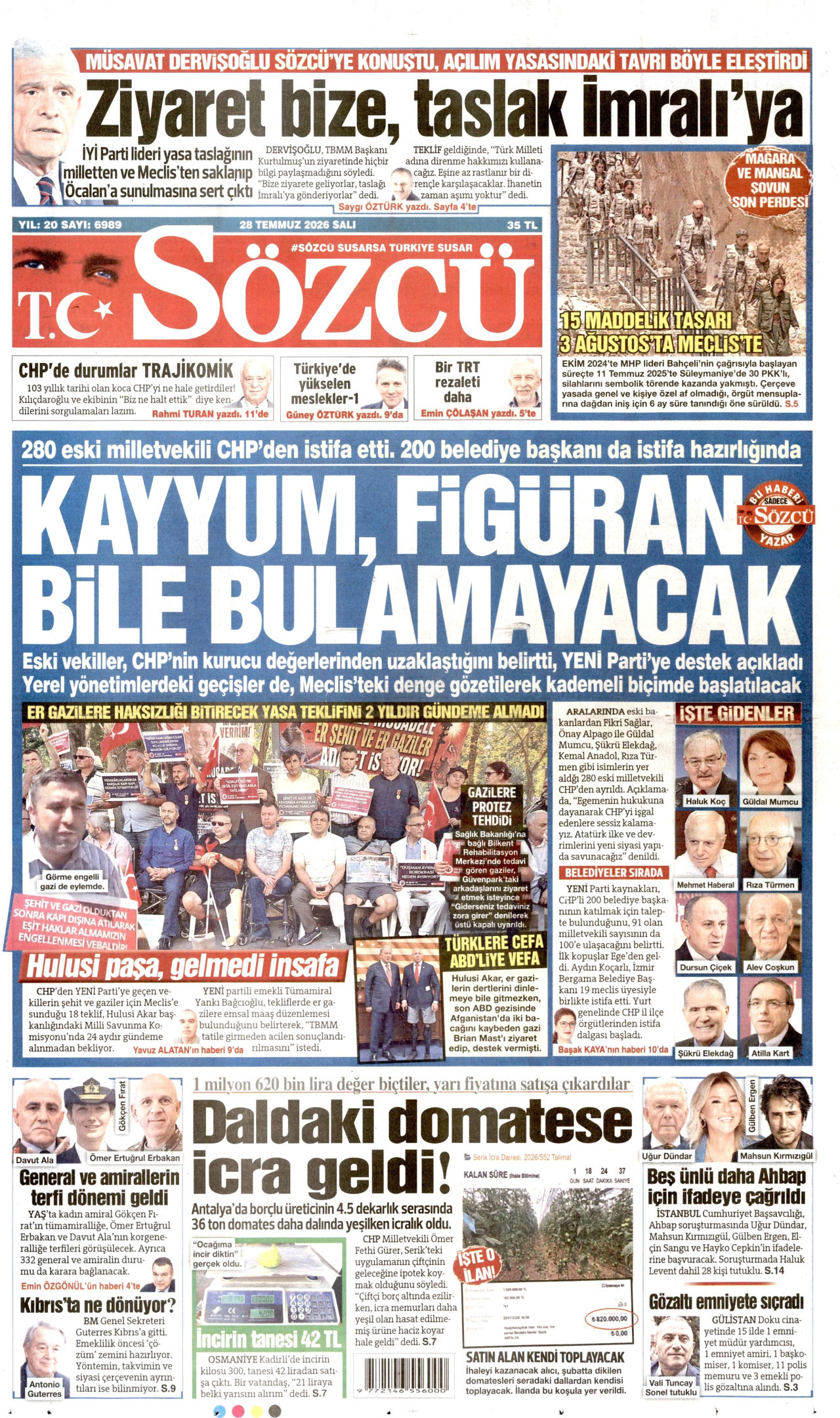 SÖZCÜ gazetesinin 28 Temmuz 2026 tarihli birinci sayfası