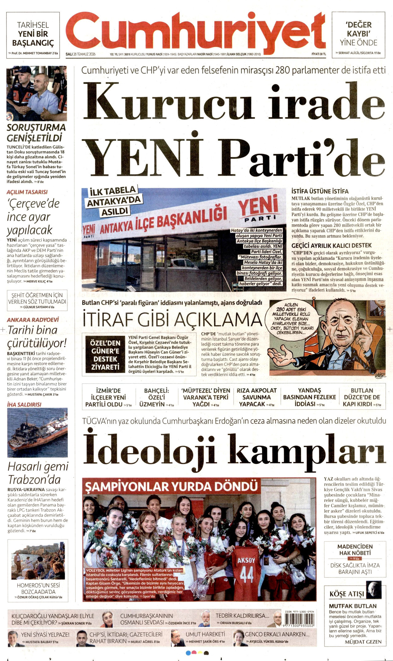 CUMHURİYET gazetesinin 28 Temmuz 2026 tarihli birinci sayfası