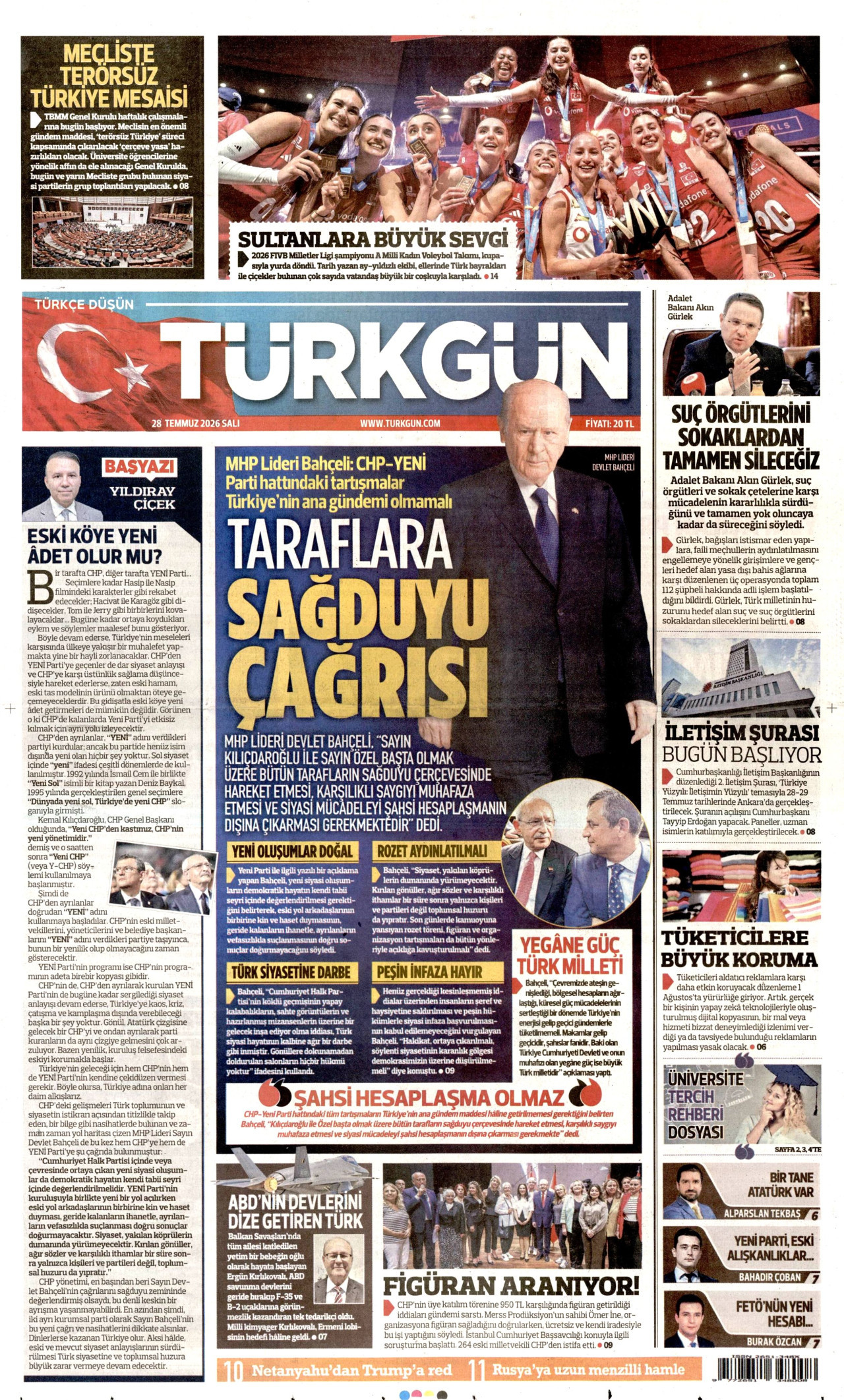 TÜRKGÜN gazetesinin 28 Temmuz 2026 tarihli birinci sayfası