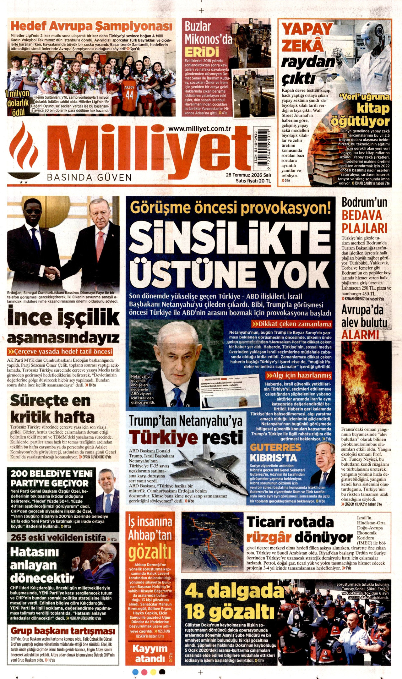 MİLLİYET gazetesinin 28 Temmuz 2026 tarihli birinci sayfası