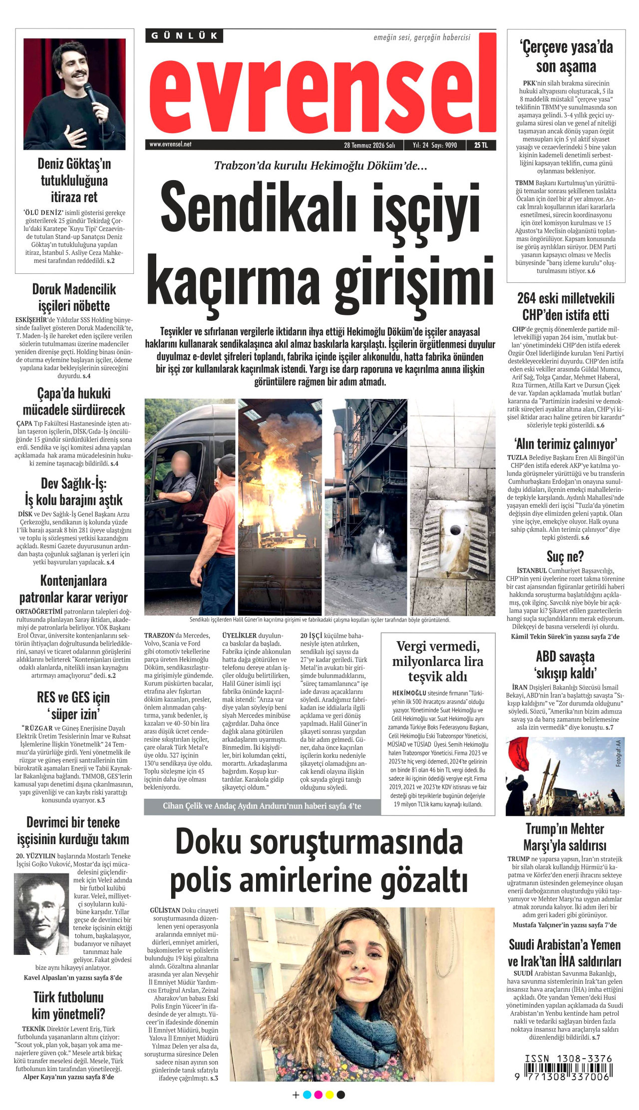 EVRENSEL gazetesinin 28 Temmuz 2026 tarihli birinci sayfası