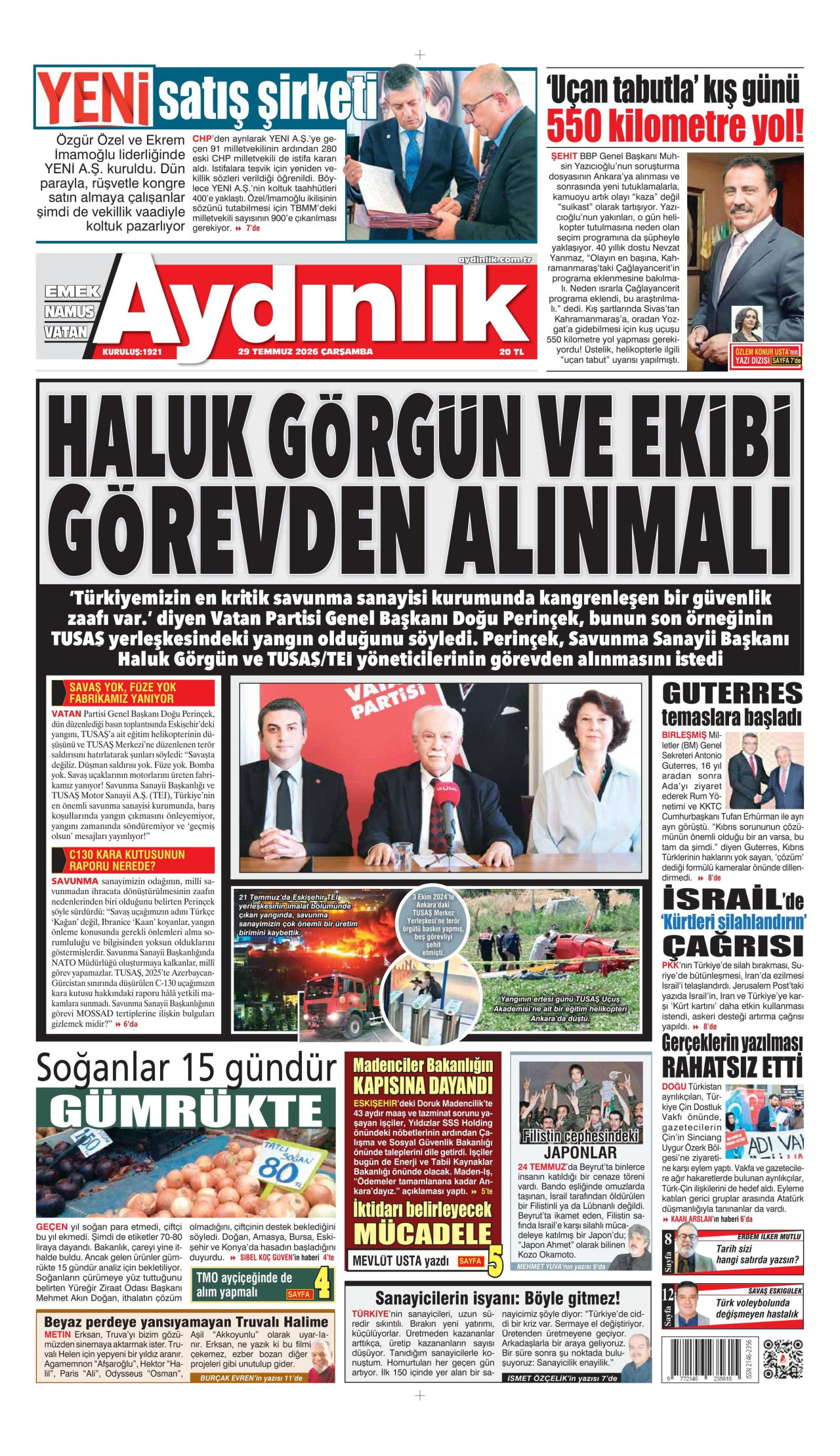 AYDINLIK GAZETESİ gazetesinin 29 Temmuz 2026 tarihli birinci sayfası