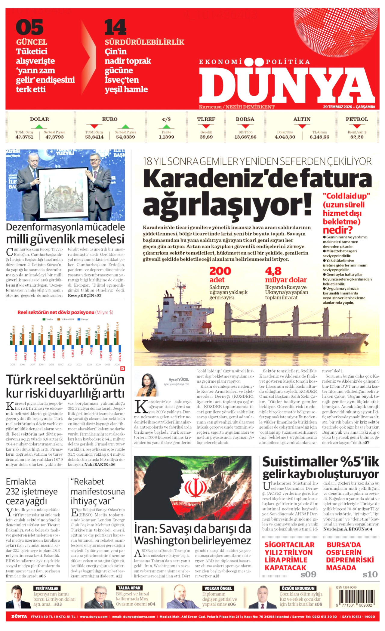 DÜNYA gazetesinin 29 Temmuz 2026 tarihli birinci sayfası