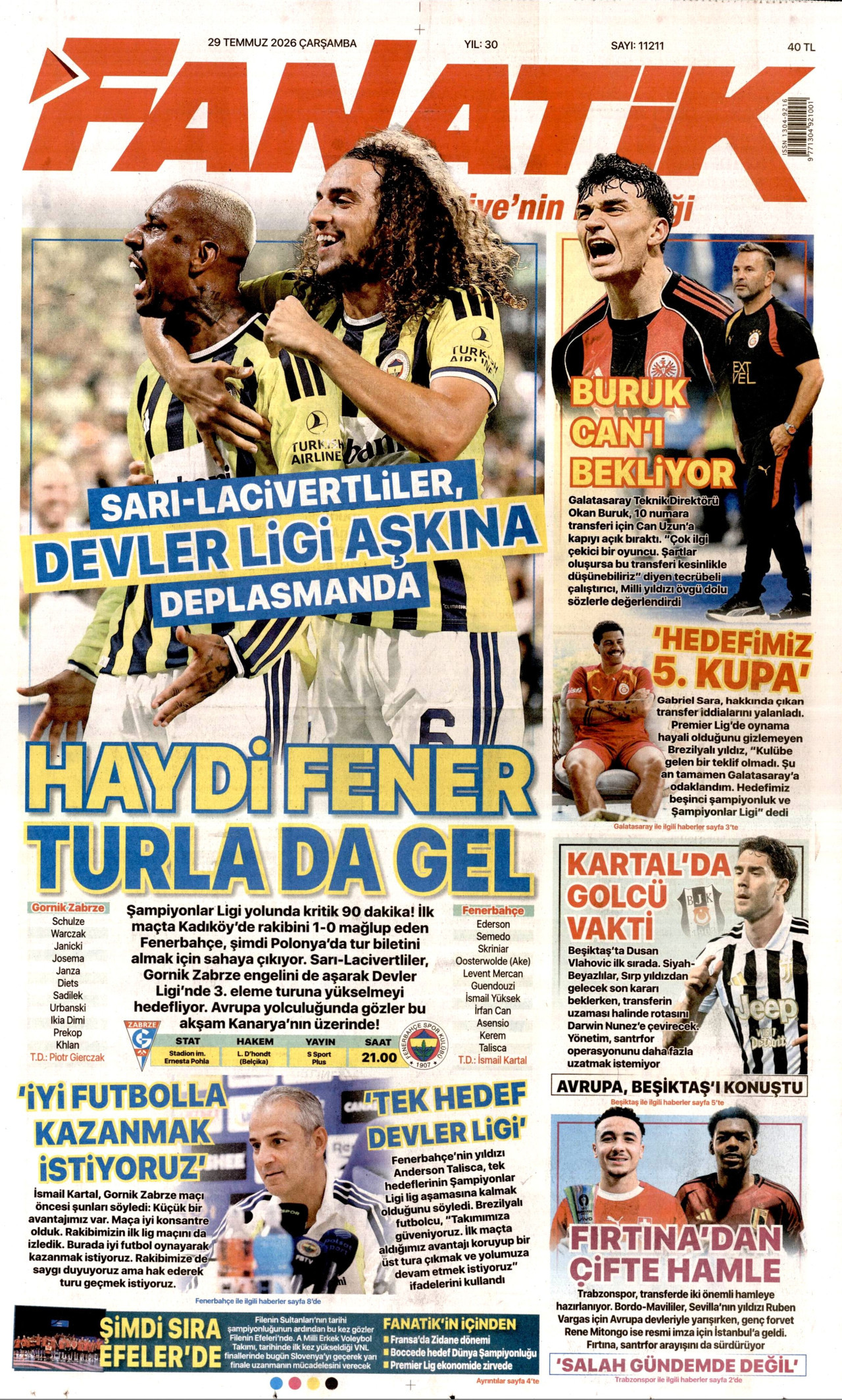FANATİK gazetesinin 29 Temmuz 2026 tarihli birinci sayfası
