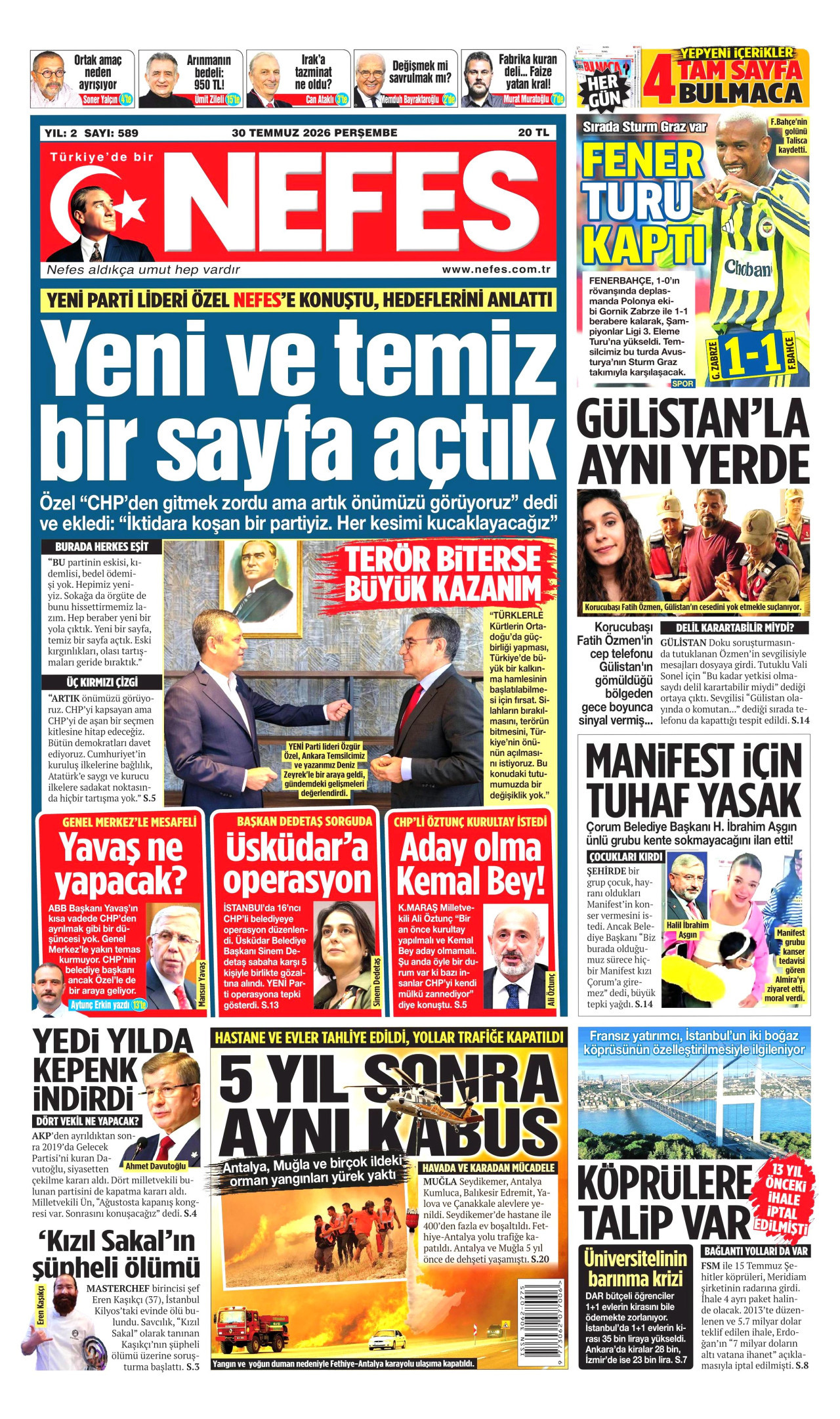 NEFES gazetesinin 30 Temmuz 2026 tarihli birinci sayfası