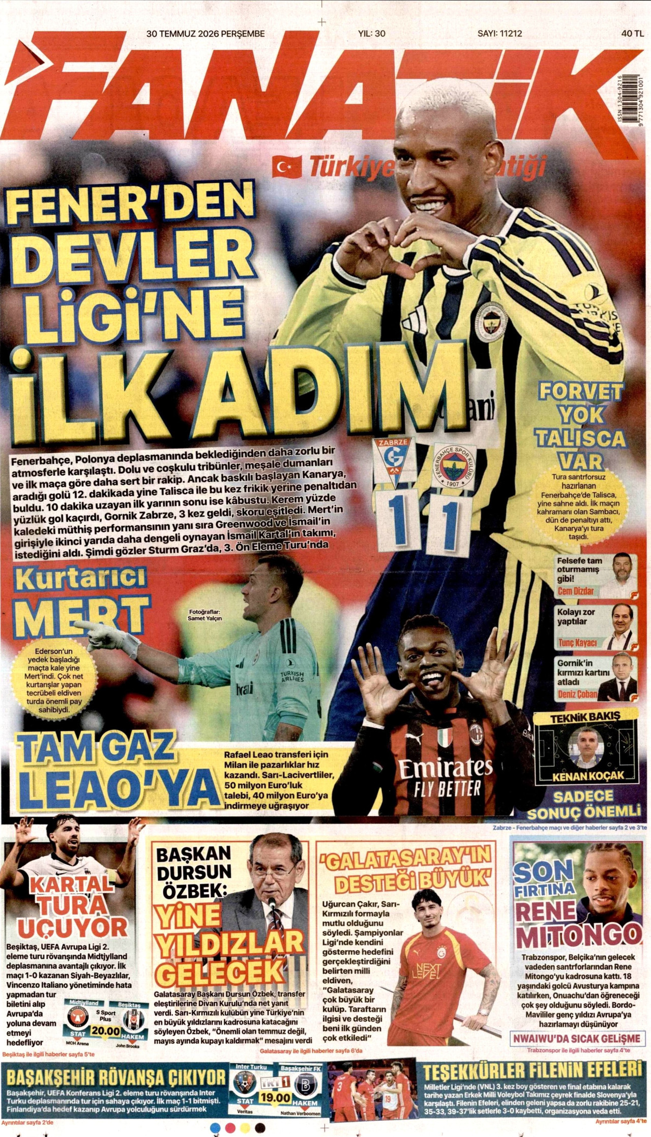 FANATİK gazetesinin 30 Temmuz 2026 tarihli birinci sayfası