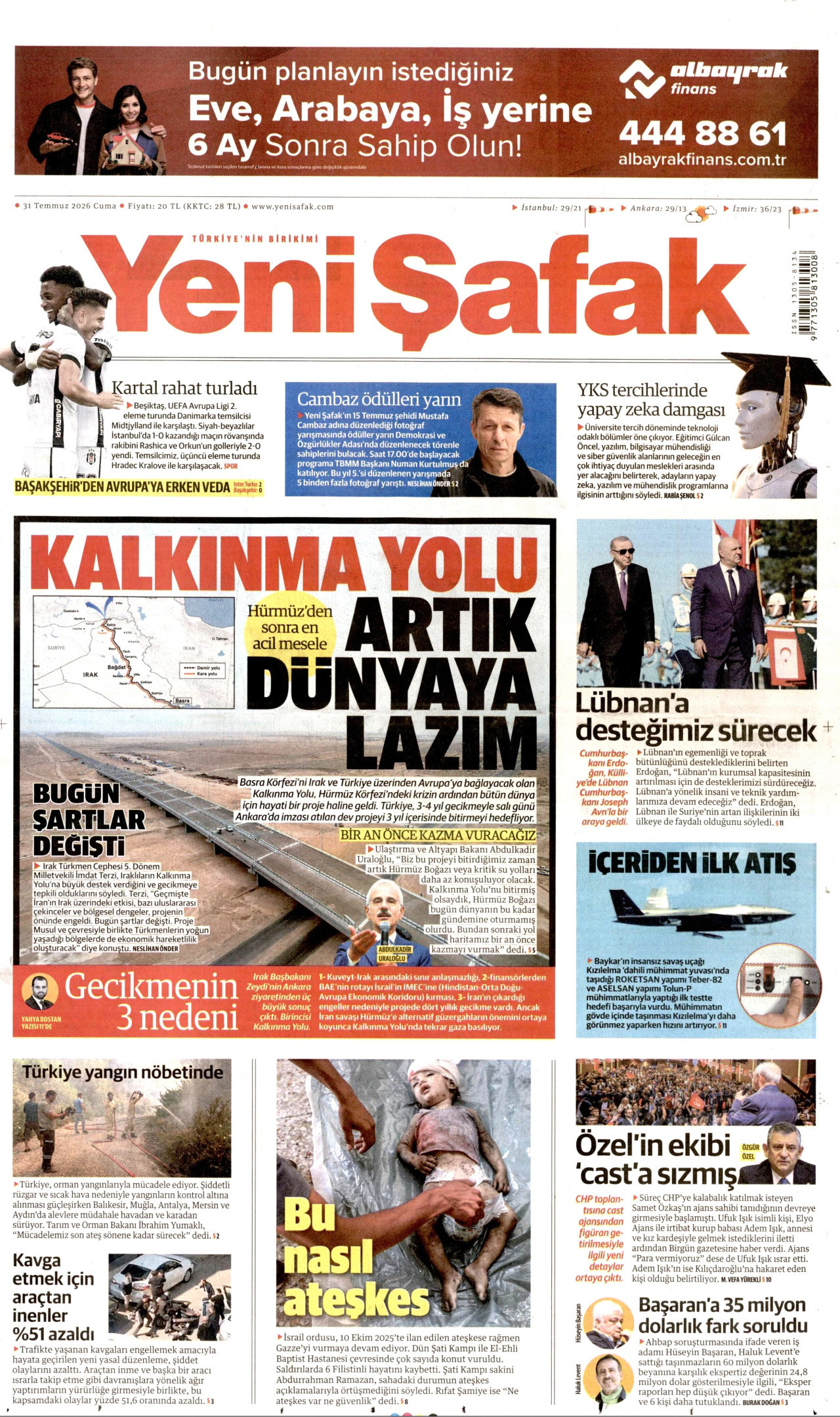 YENİ ŞAFAK gazetesinin 31 Temmuz 2026 tarihli birinci sayfası