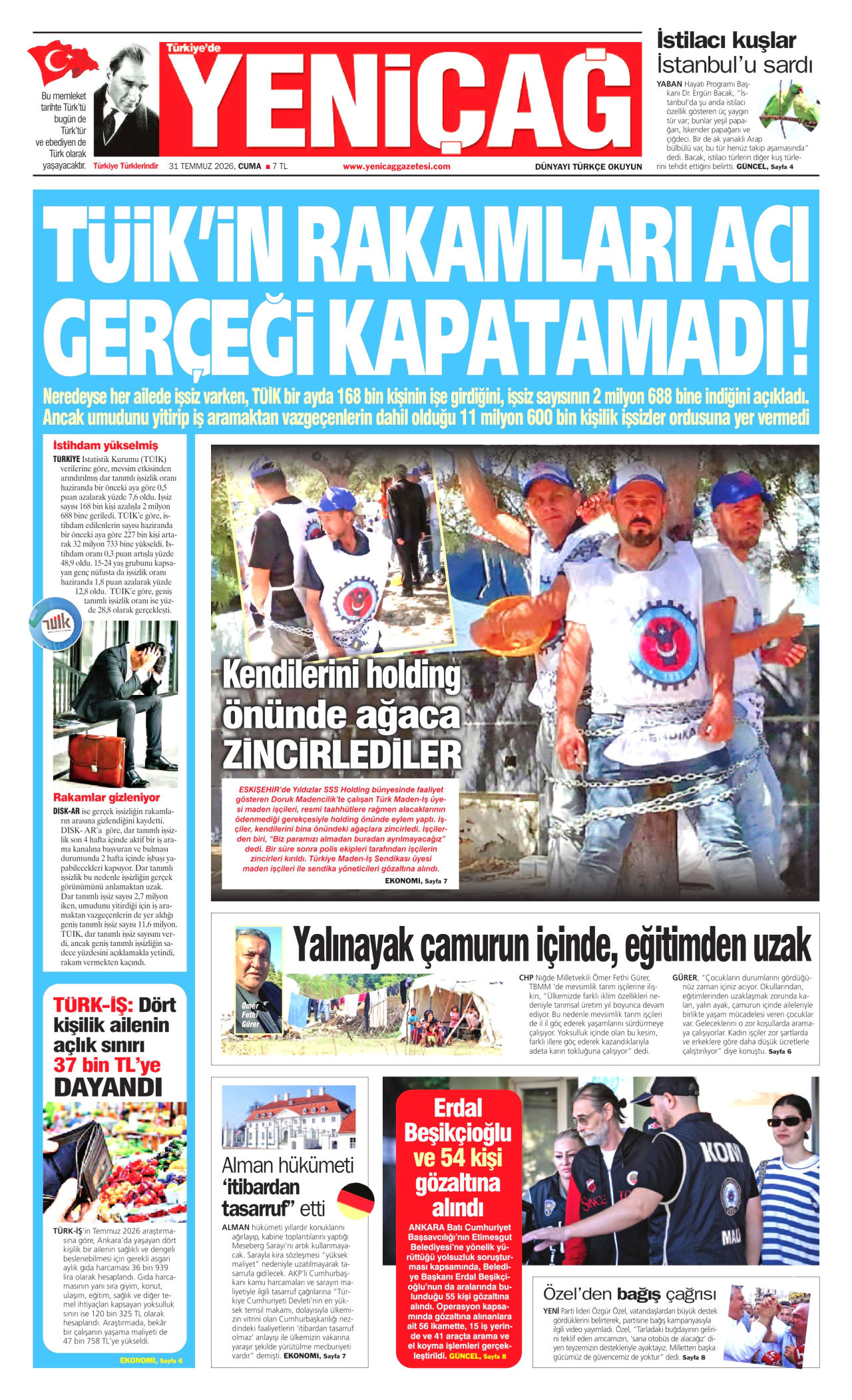 YENİÇAĞ gazetesinin 31 Temmuz 2026 tarihli birinci sayfası