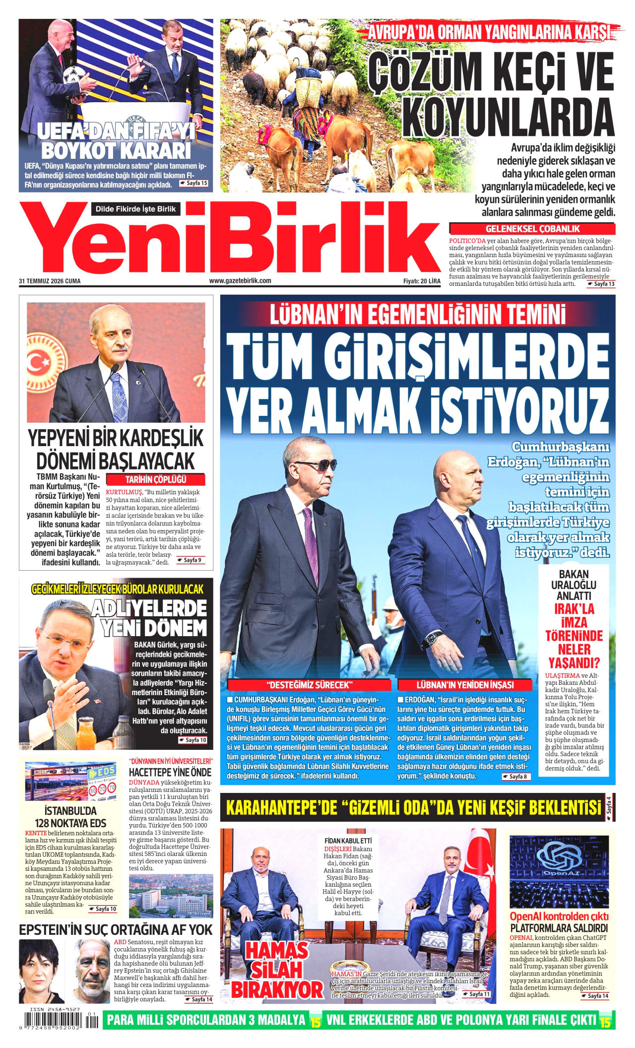 YENİBİRLİK gazetesinin 31 Temmuz 2026 tarihli birinci sayfası
