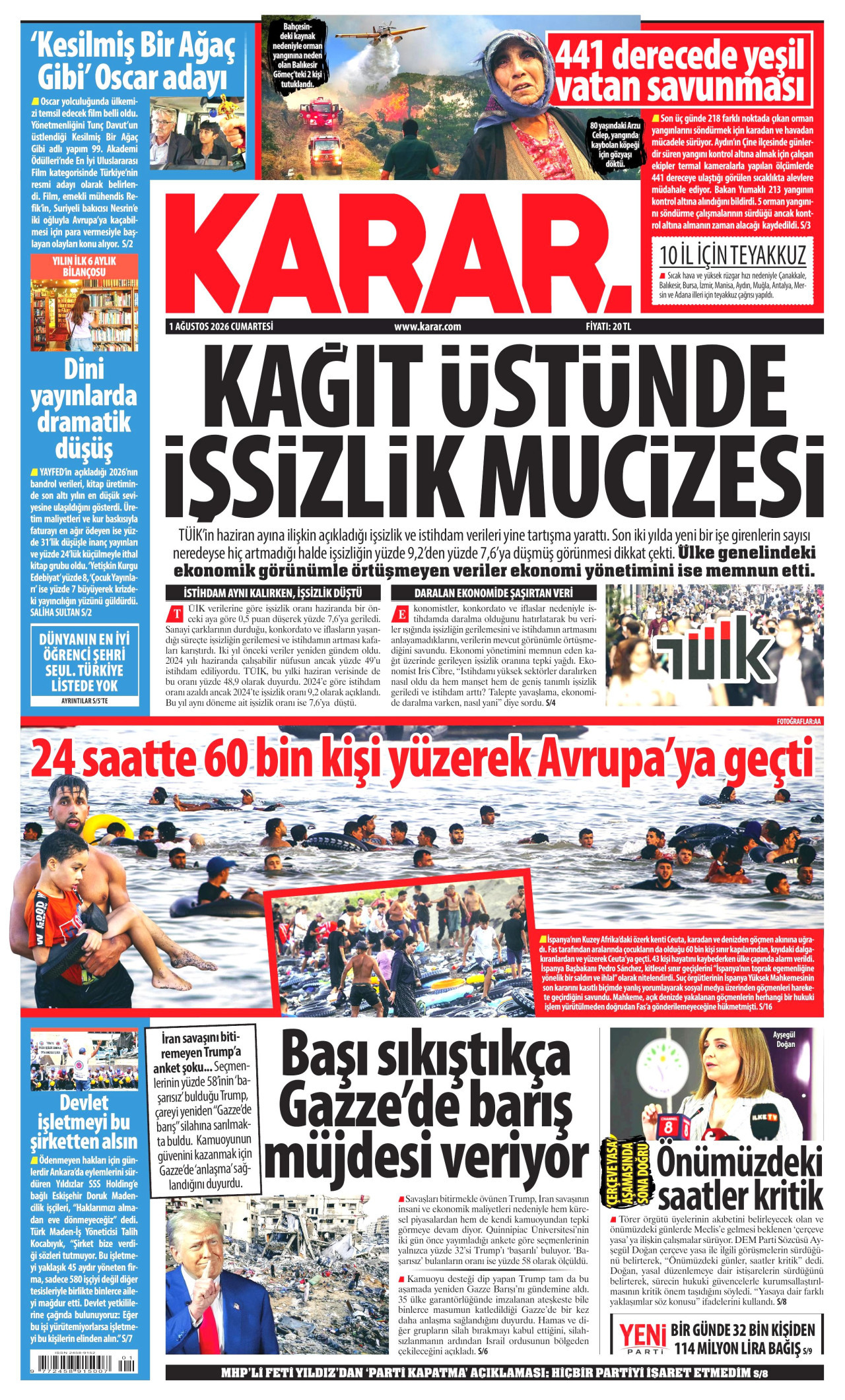 KARAR gazetesinin 1 Ağustos 2026 tarihli birinci sayfası