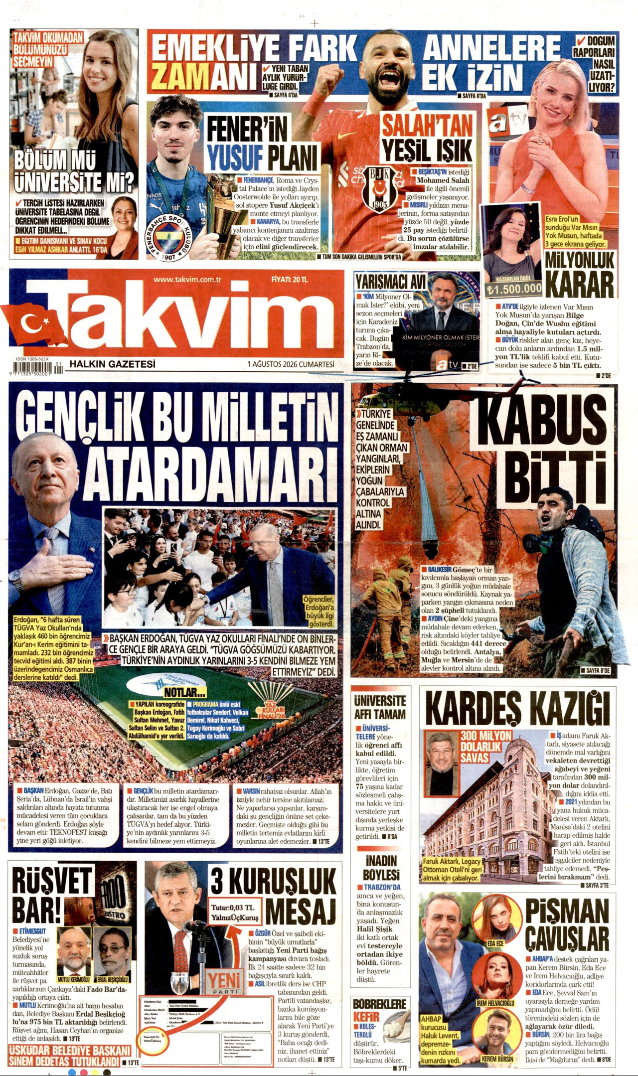TAKVİM gazetesinin 1 Ağustos 2026 tarihli birinci sayfası