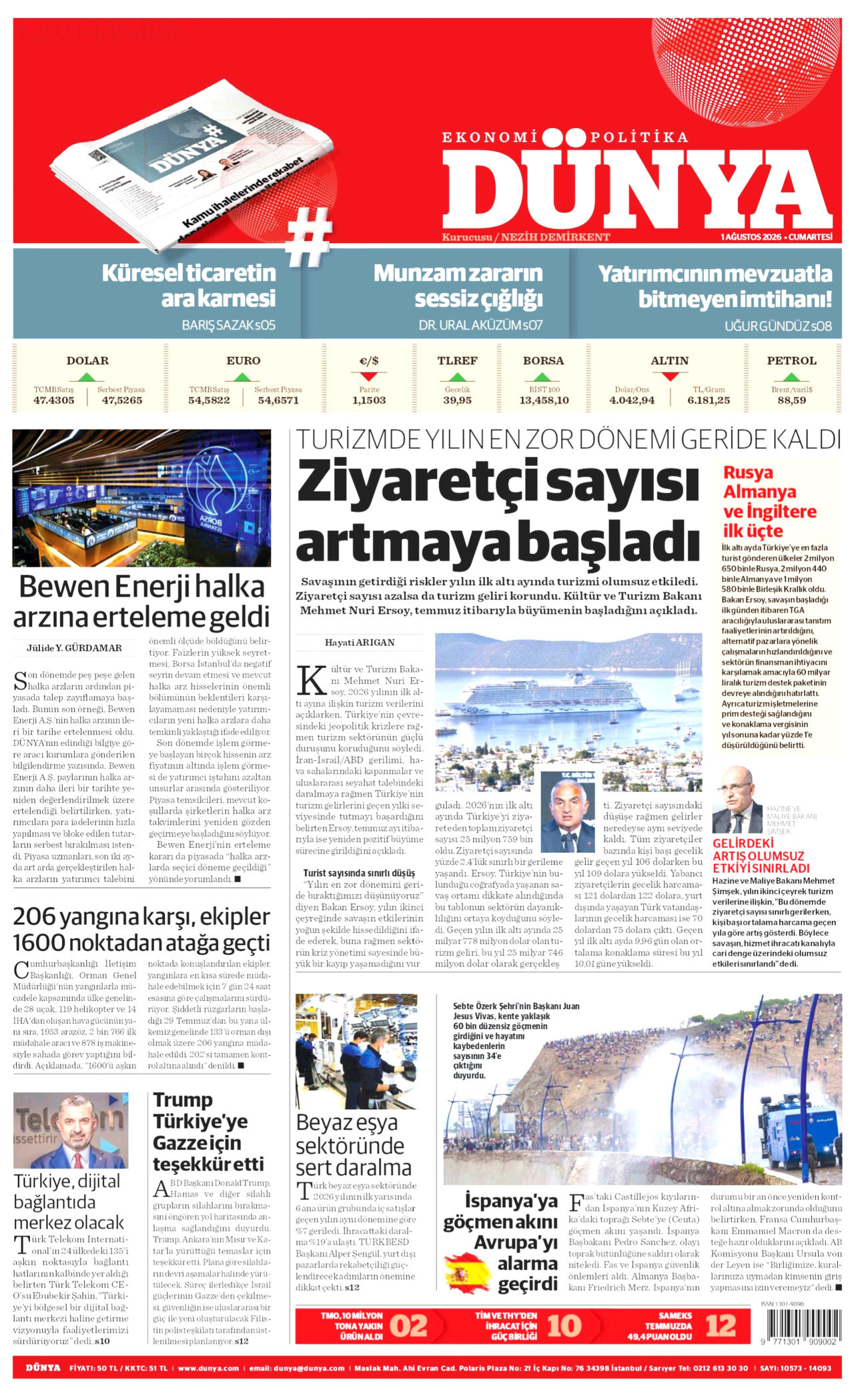 DÜNYA gazetesinin 1 Ağustos 2026 tarihli birinci sayfası