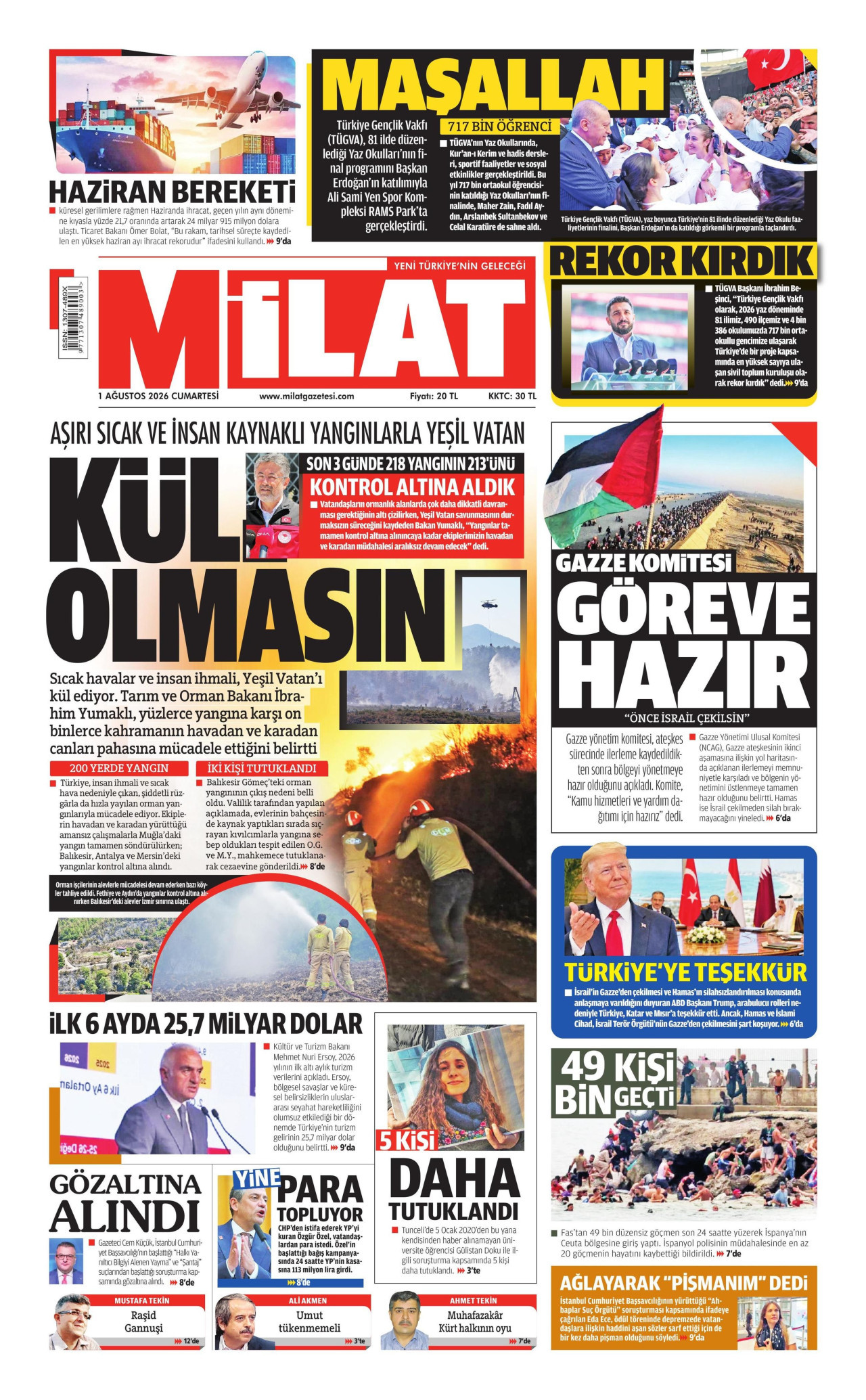 MİLAT gazetesinin 1 Ağustos 2026 tarihli birinci sayfası