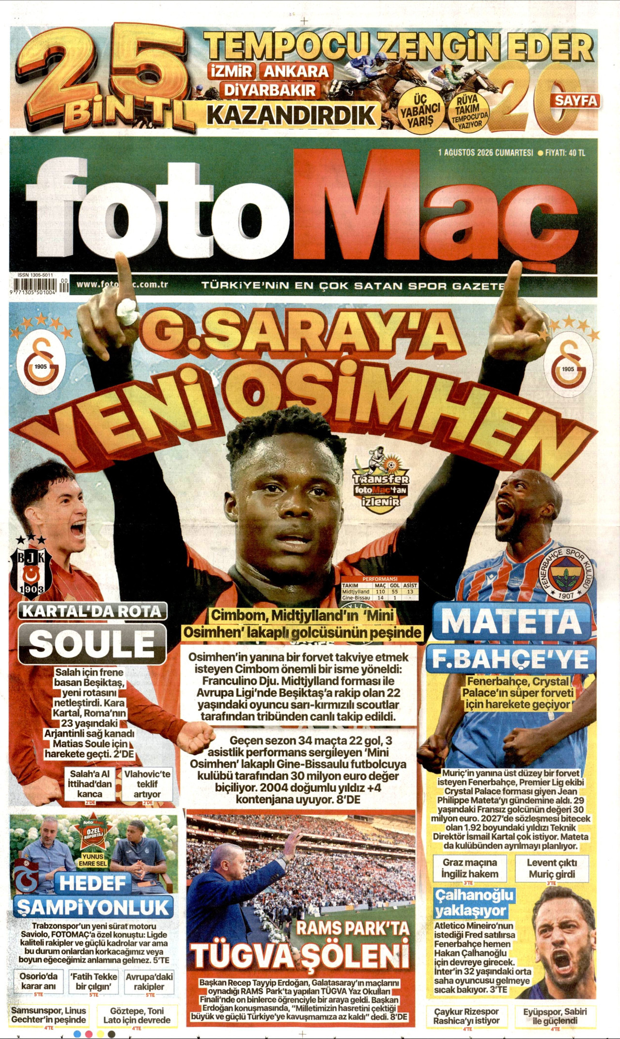 FOTOMAÇ gazetesinin 1 Ağustos 2026 tarihli birinci sayfası
