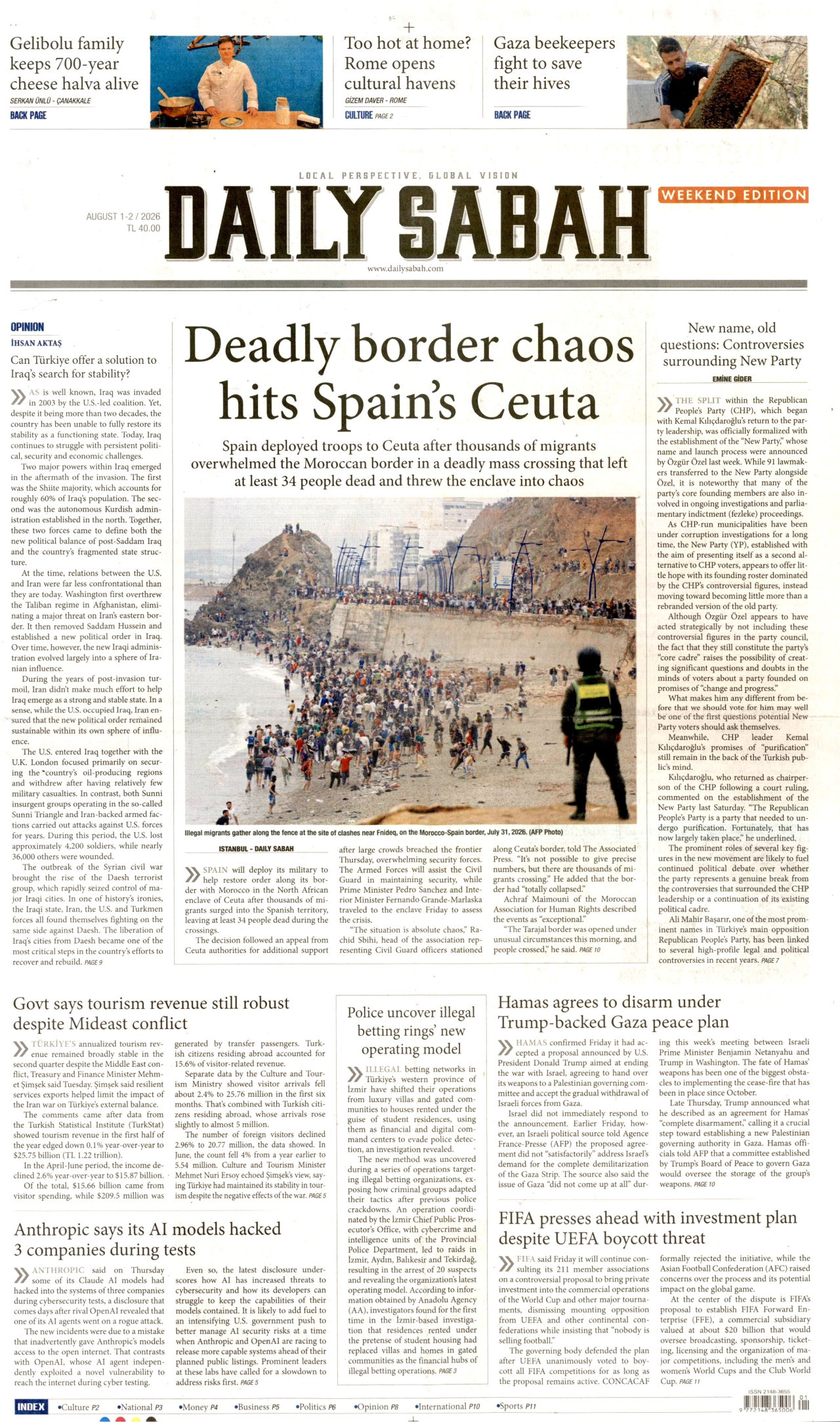 DAİLY SABAH gazetesinin 1 Ağustos 2026 tarihli birinci sayfası