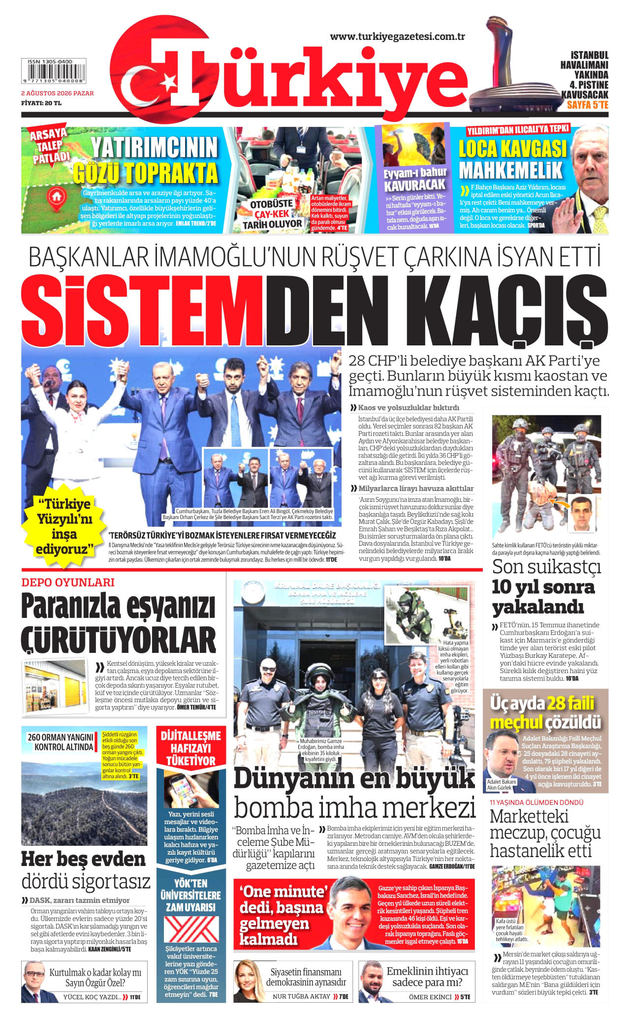 TÜRKİYE GAZETESİ gazetesinin 2 Ağustos 2026 tarihli birinci sayfası