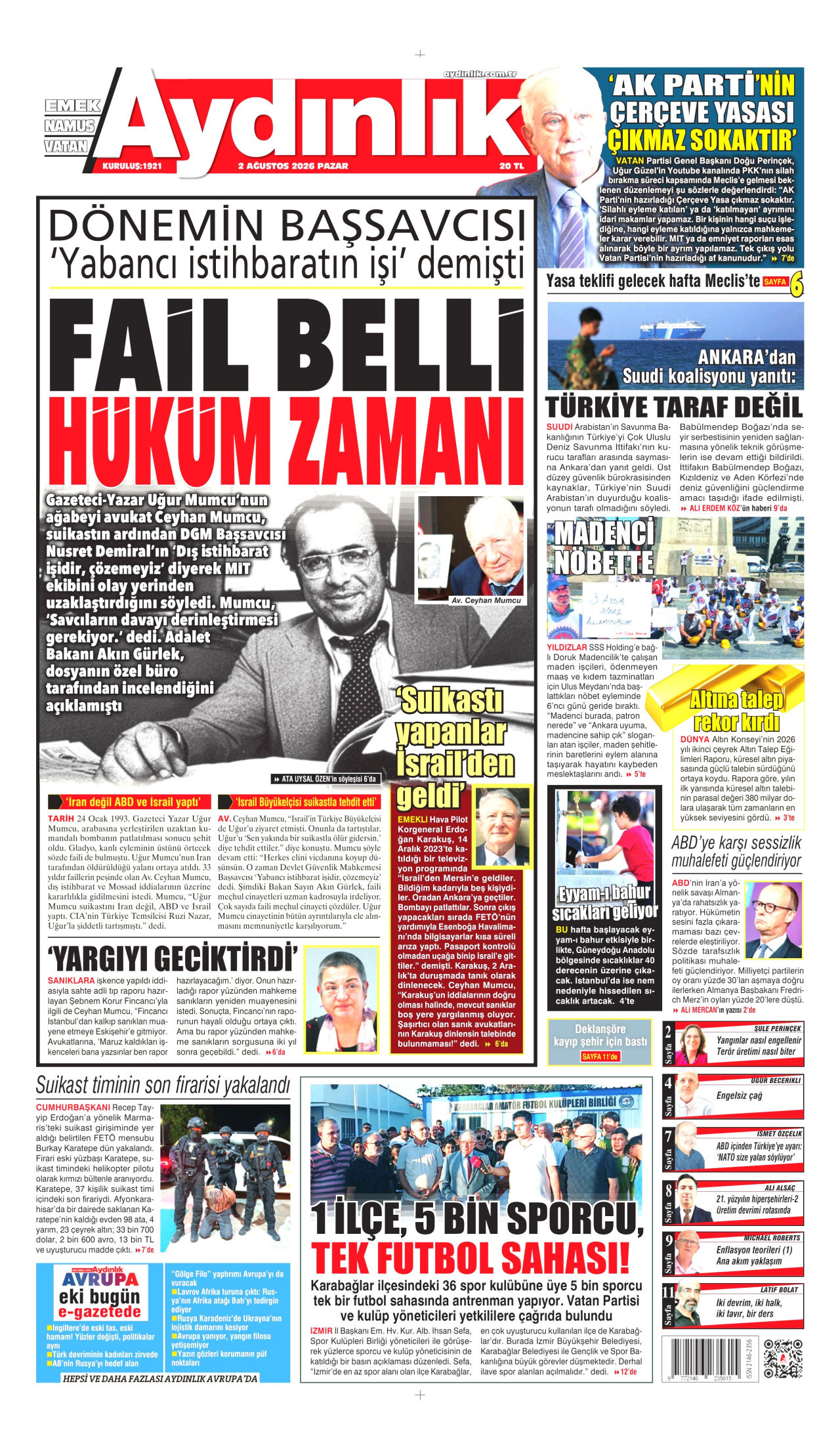 AYDINLIK GAZETESİ gazetesinin 2 Ağustos 2026 tarihli birinci sayfası