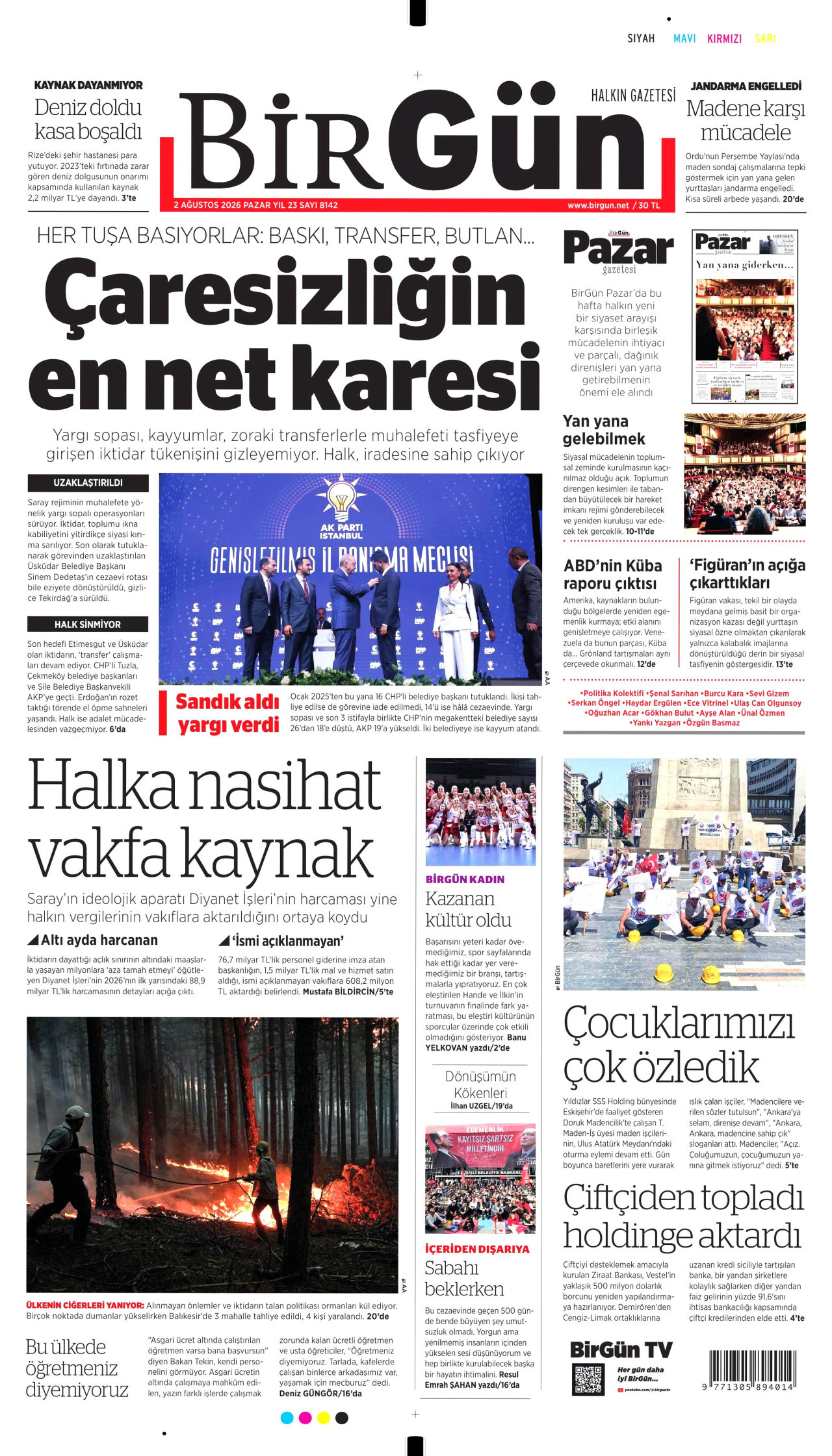 BİRGÜN gazetesinin 2 Ağustos 2026 tarihli birinci sayfası