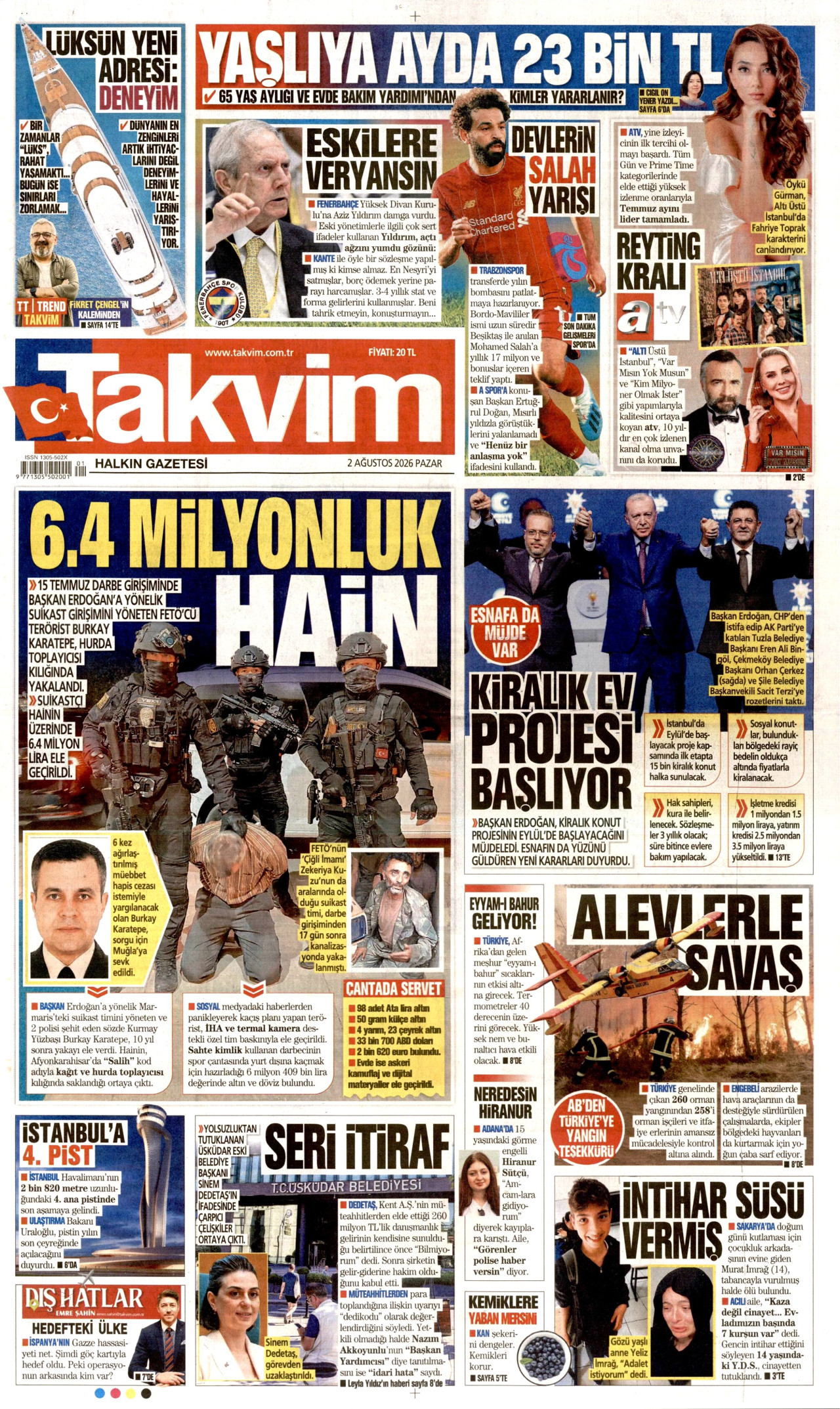 TAKVİM gazetesinin 2 Ağustos 2026 tarihli birinci sayfası