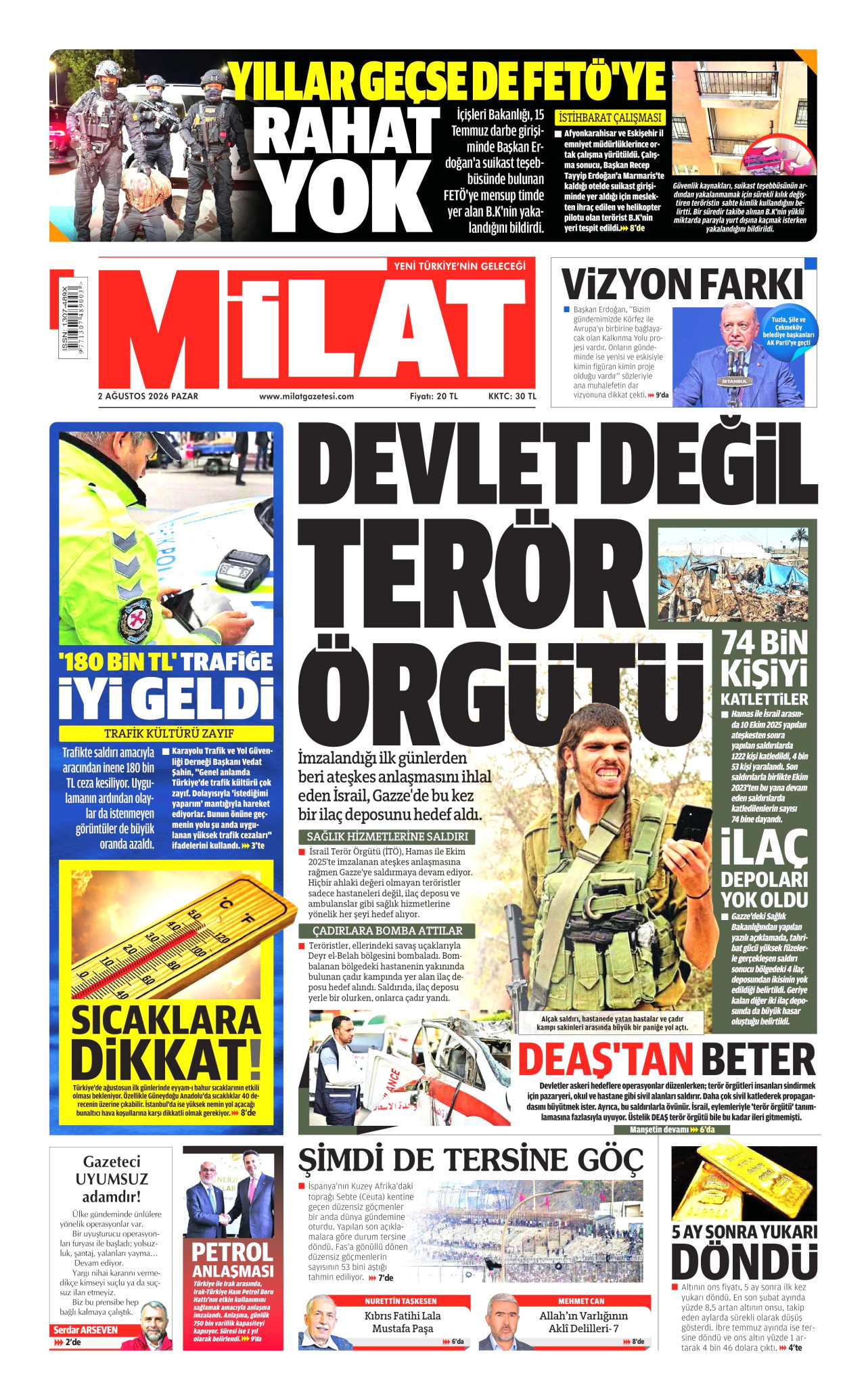 MİLAT gazetesinin 2 Ağustos 2026 tarihli birinci sayfası