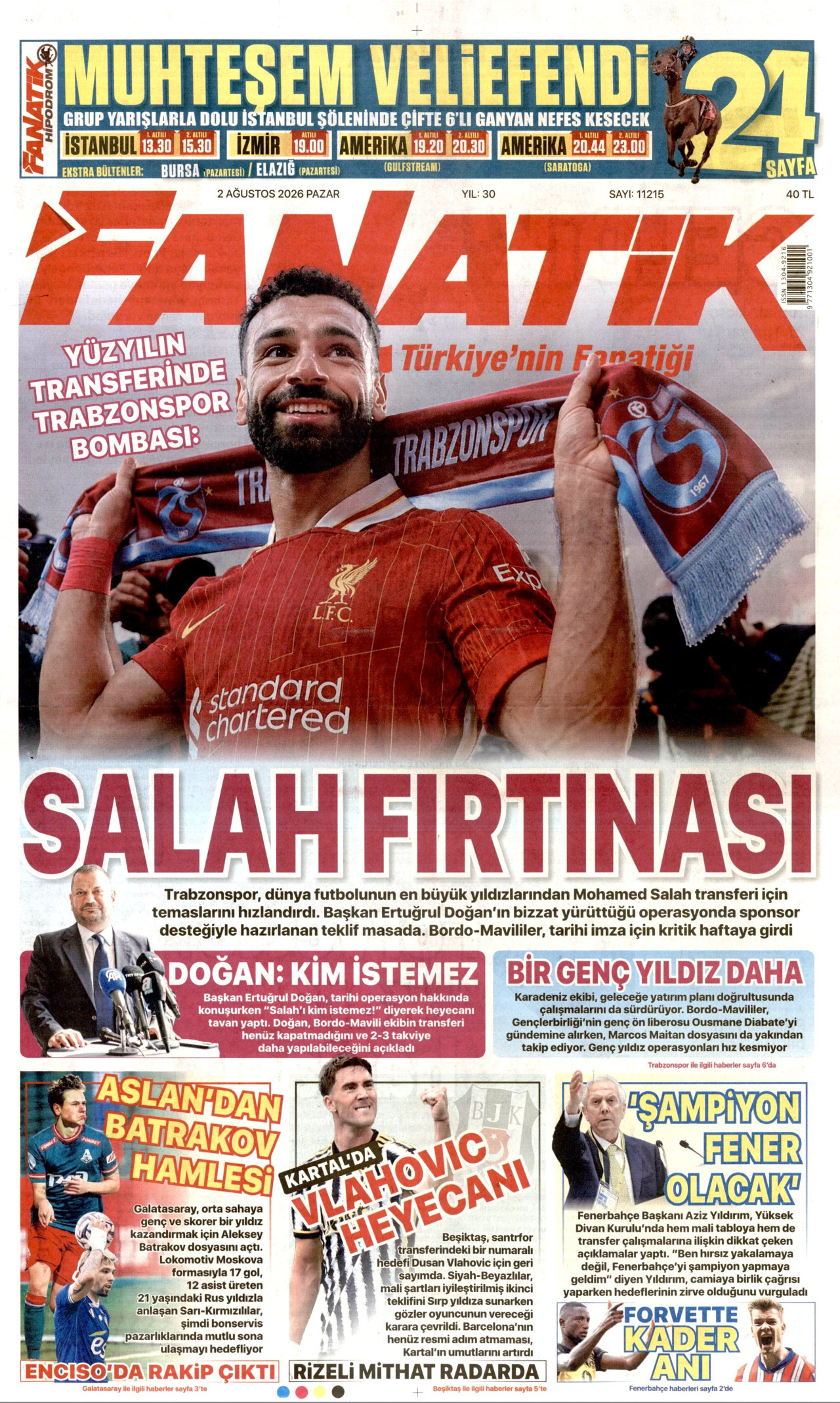 FANATİK gazetesinin 2 Ağustos 2026 tarihli birinci sayfası