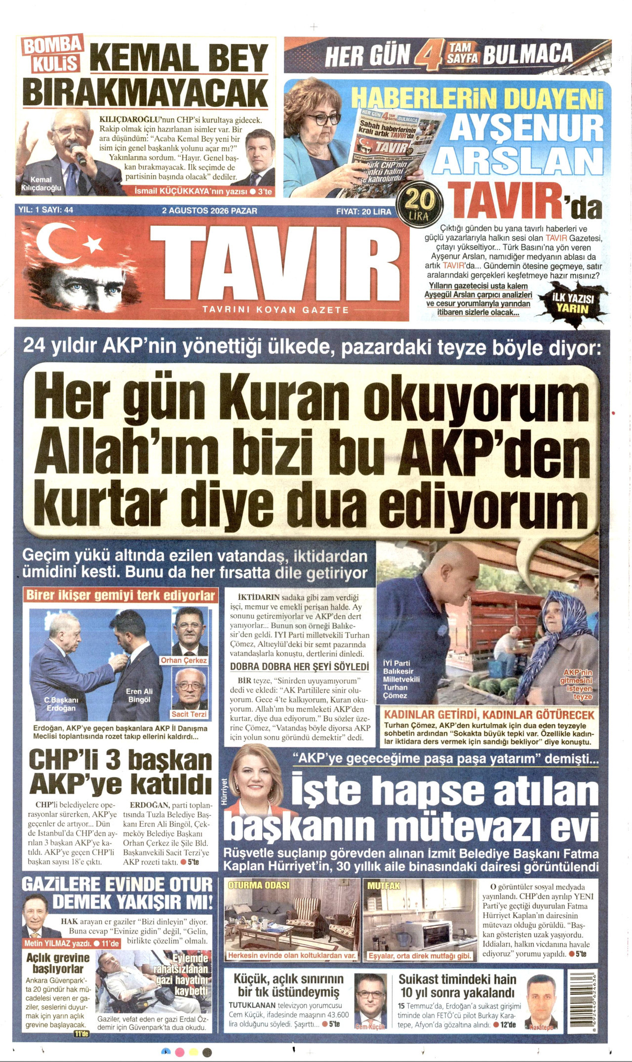 TAVIR GAZETESİ gazetesinin 2 Ağustos 2026 tarihli birinci sayfası