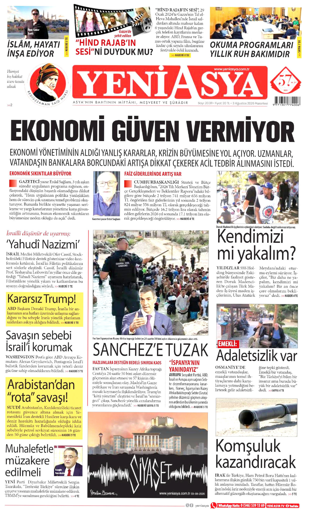 YENİ ASYA gazetesinin 3 Ağustos 2026 tarihli birinci sayfası