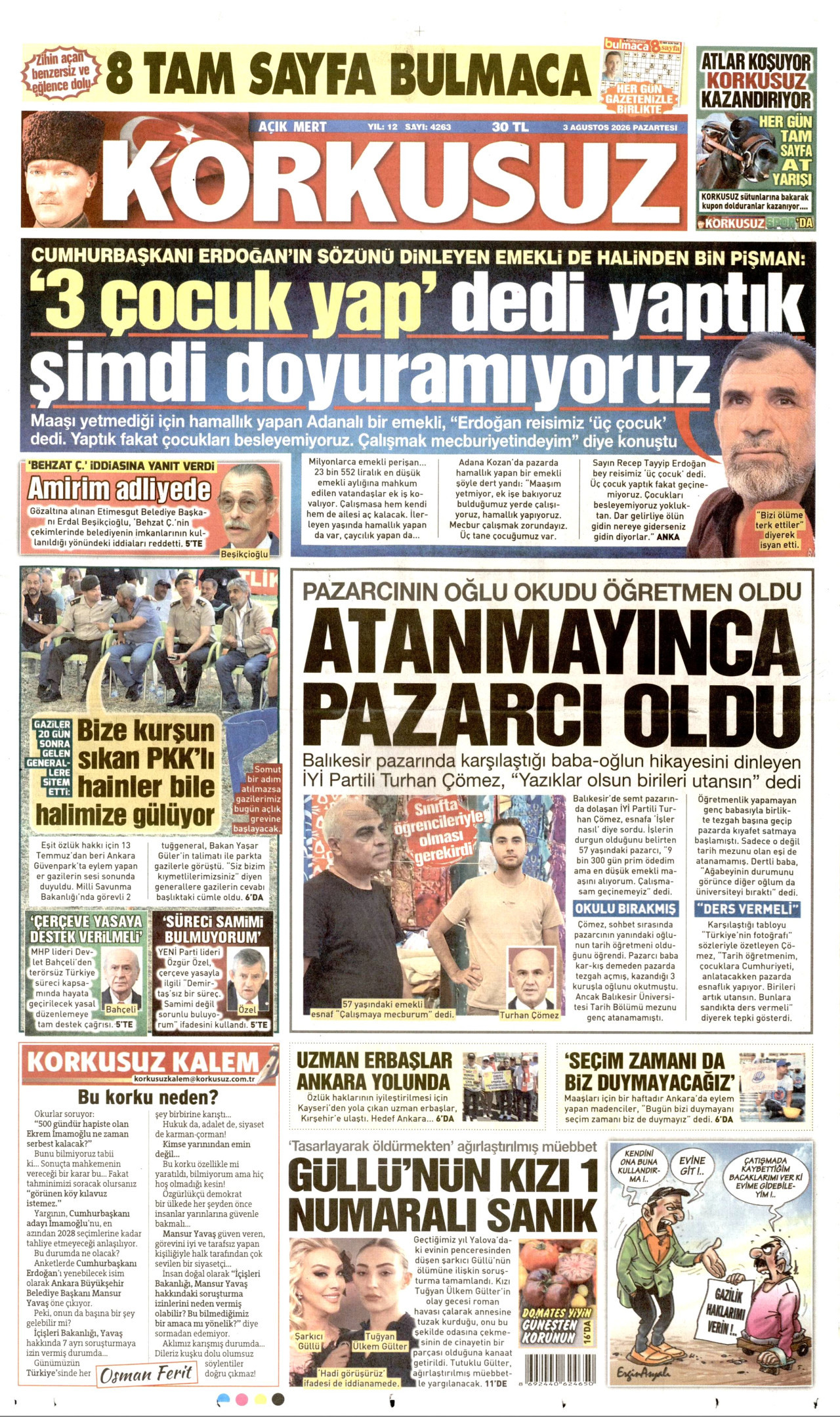 KORKUSUZ gazetesinin 3 Ağustos 2026 tarihli birinci sayfası
