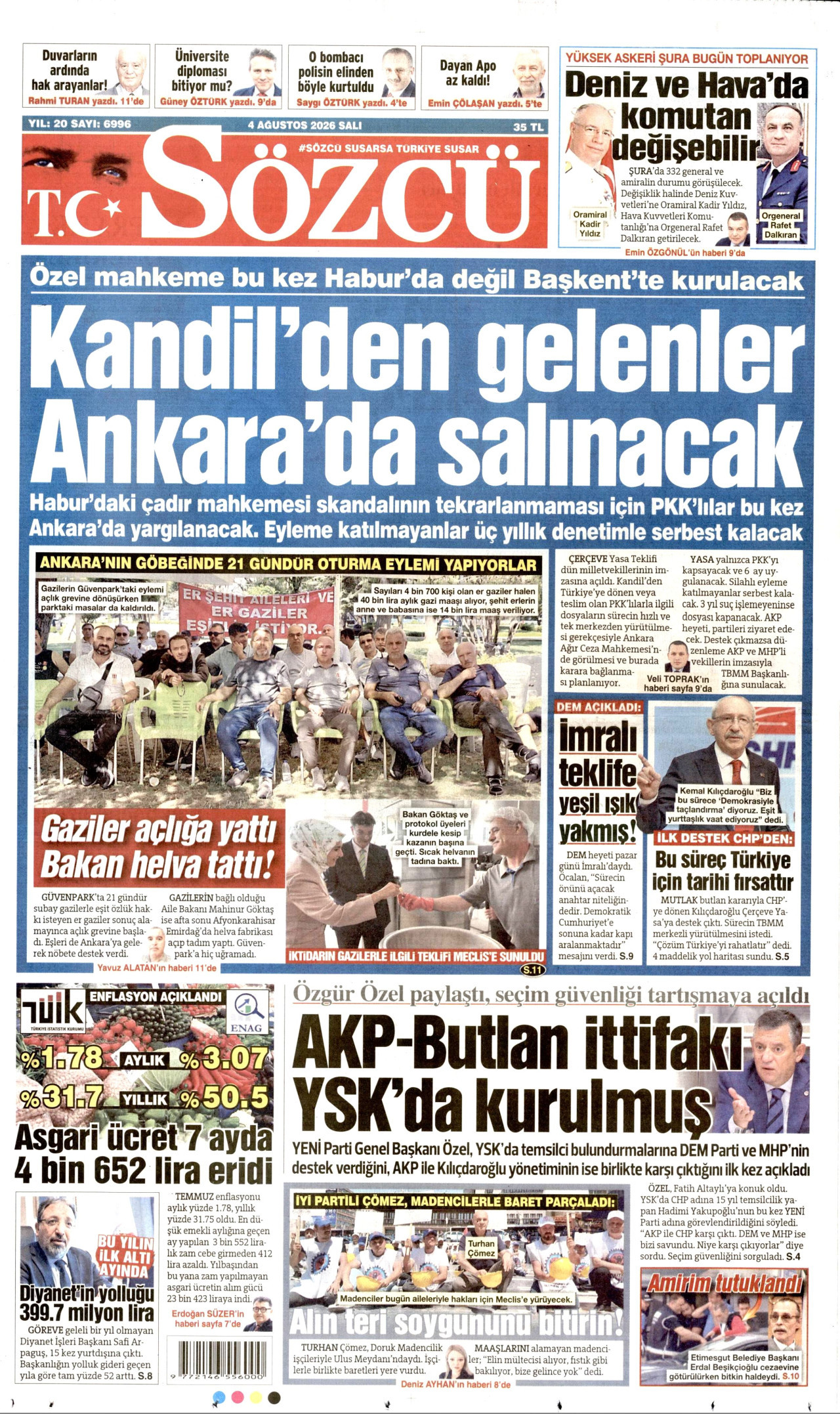 SÖZCÜ gazetesinin 4 Ağustos 2026 tarihli birinci sayfası