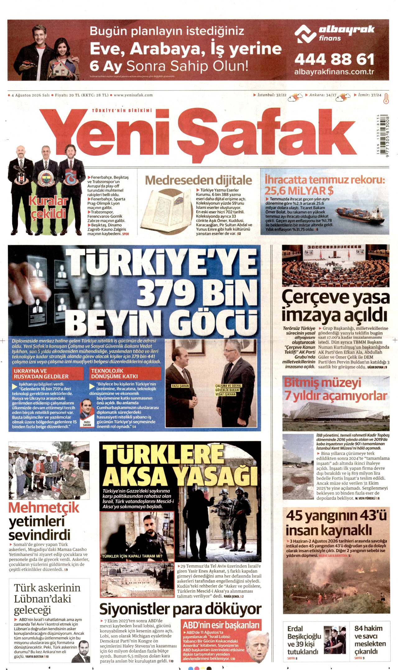 YENİ ŞAFAK gazetesinin 4 Ağustos 2026 tarihli birinci sayfası