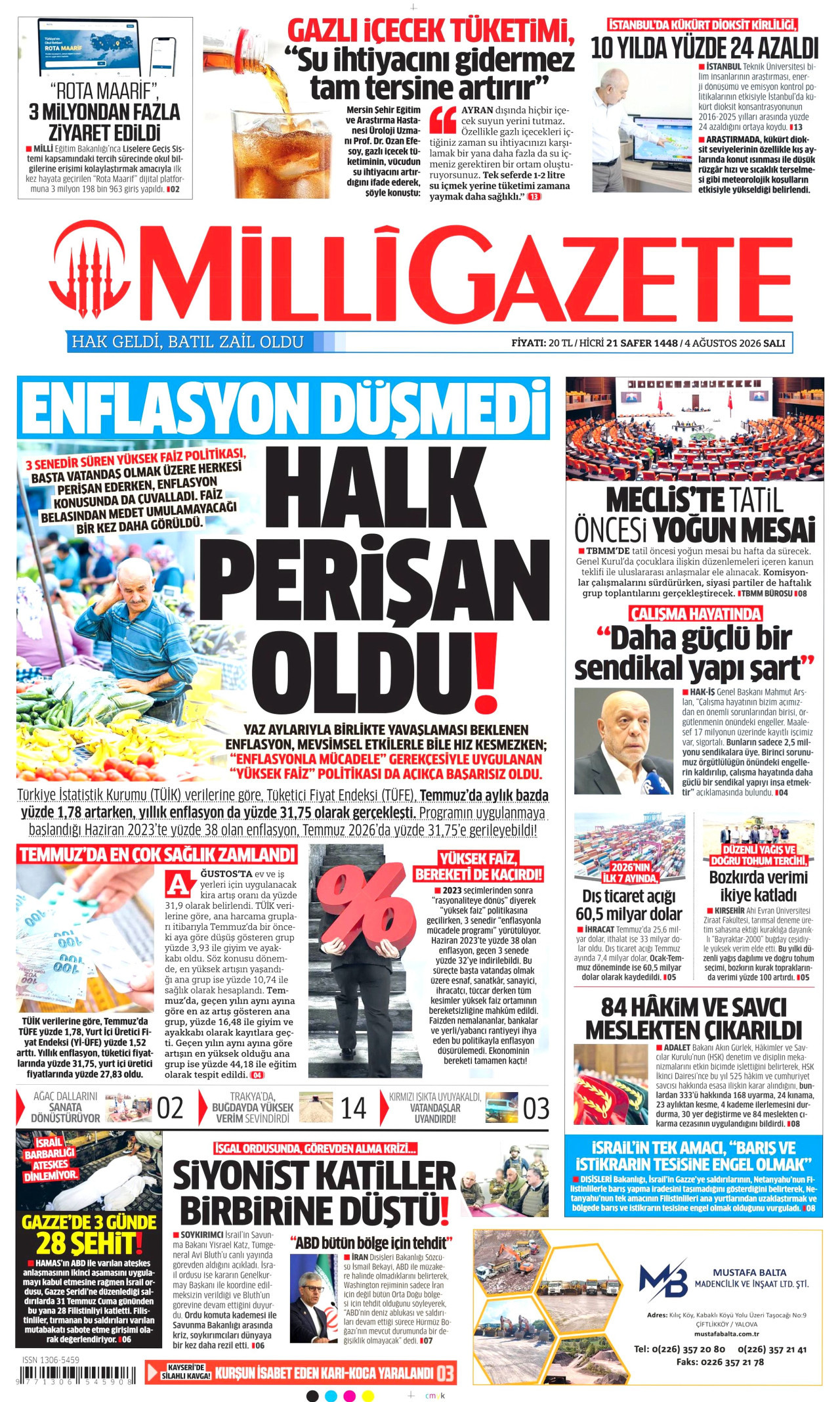 MİLLİ GAZETE gazetesinin 4 Ağustos 2026 tarihli birinci sayfası
