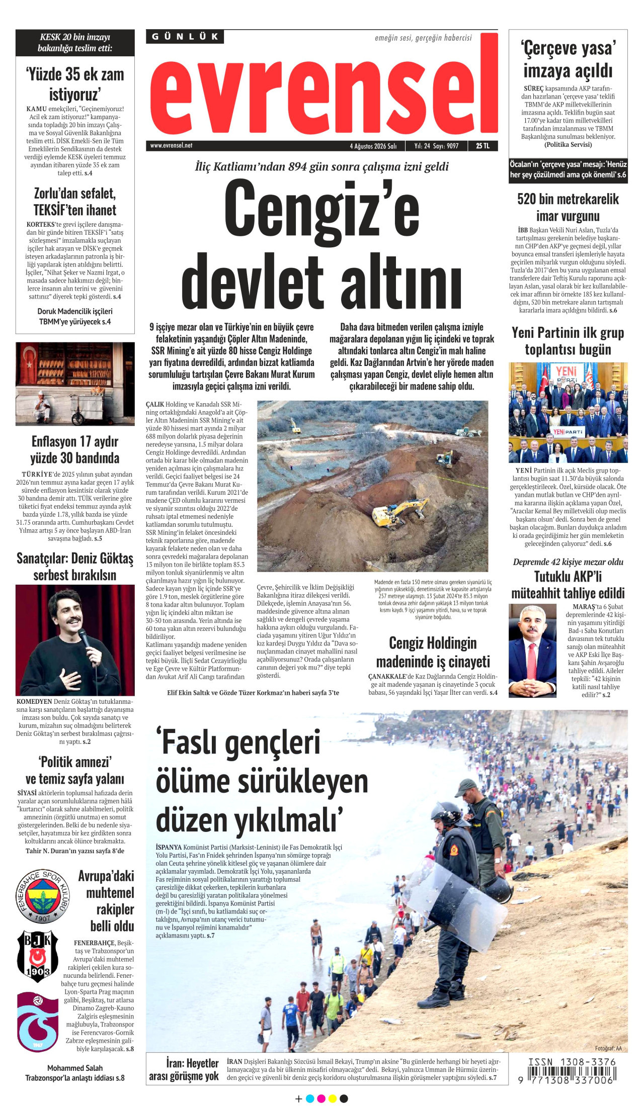 EVRENSEL gazetesinin 4 Ağustos 2026 tarihli birinci sayfası