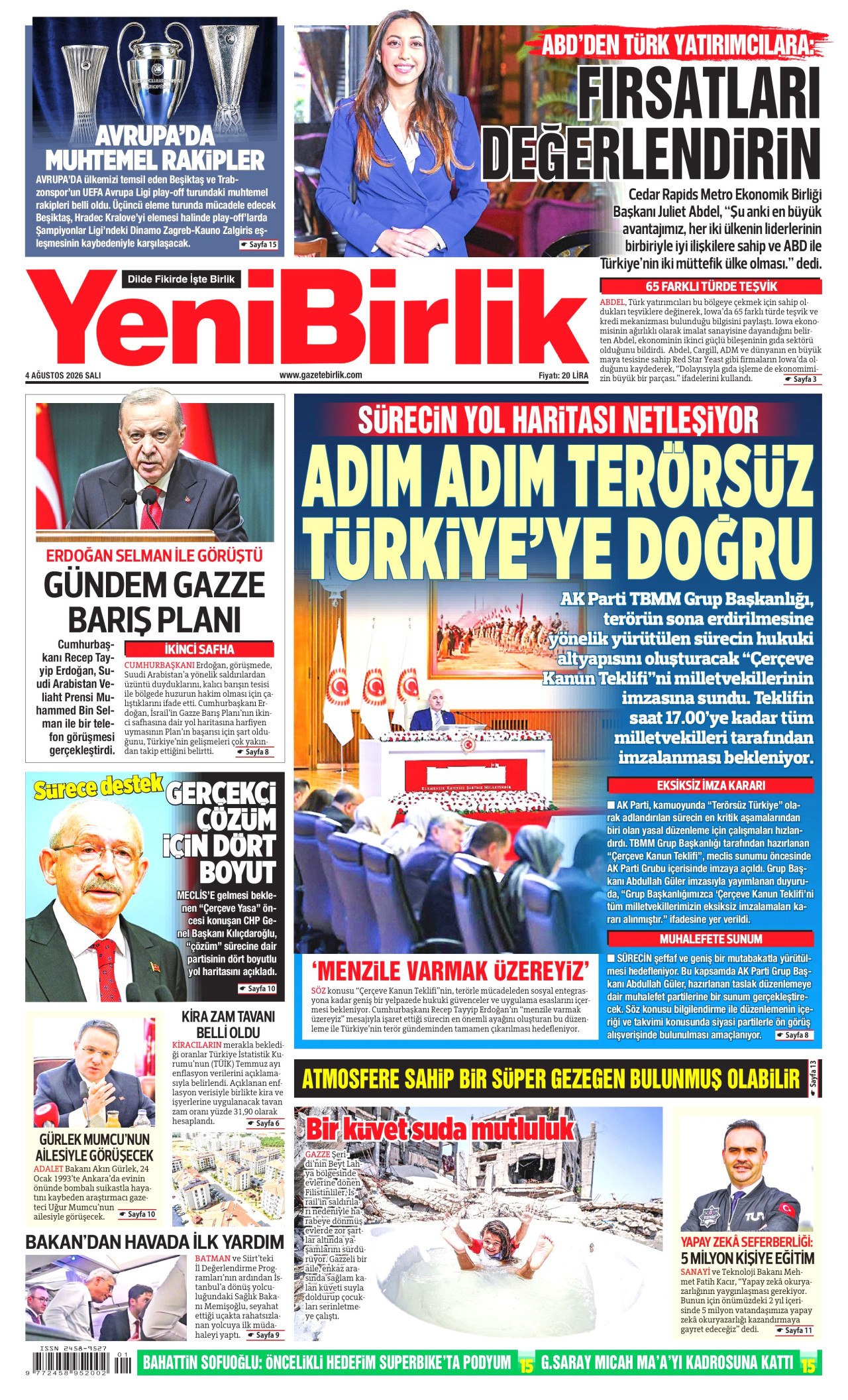 YENİBİRLİK gazetesinin 4 Ağustos 2026 tarihli birinci sayfası