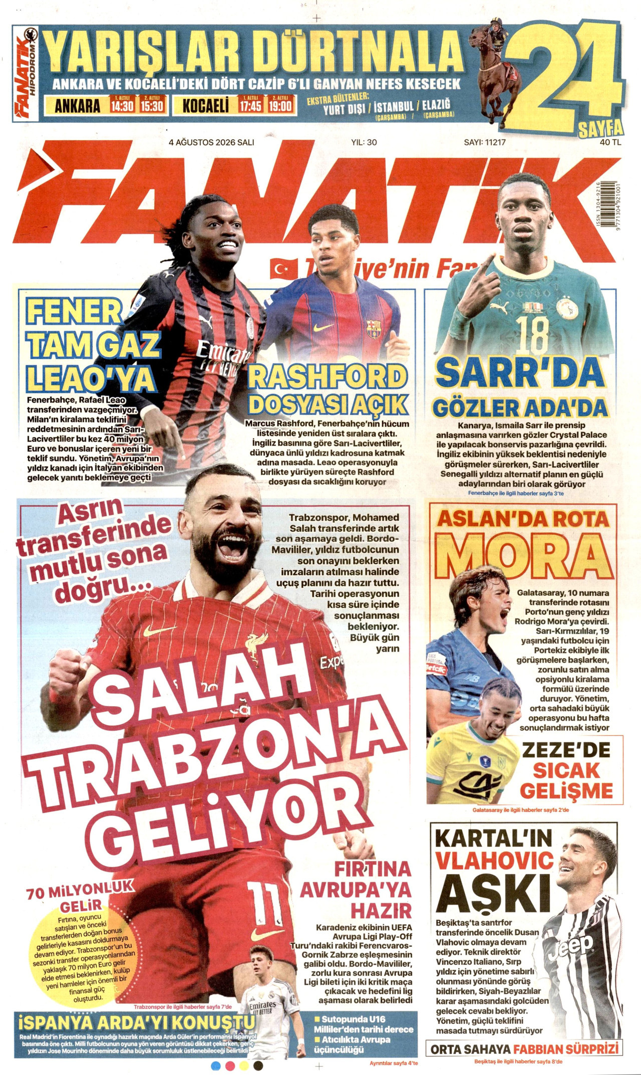 FANATİK gazetesinin 4 Ağustos 2026 tarihli birinci sayfası
