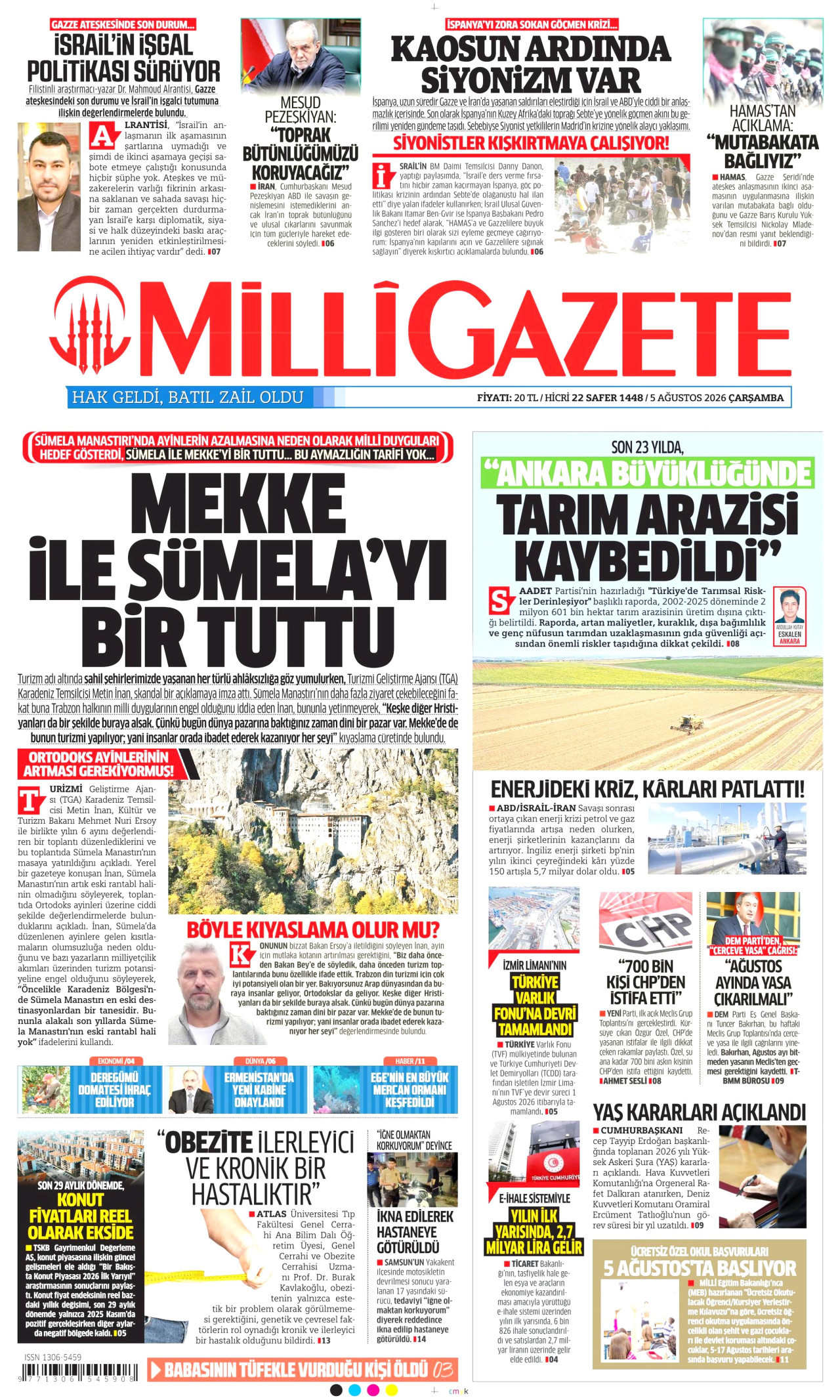 MİLLİ GAZETE gazetesinin 5 Ağustos 2026 tarihli birinci sayfası