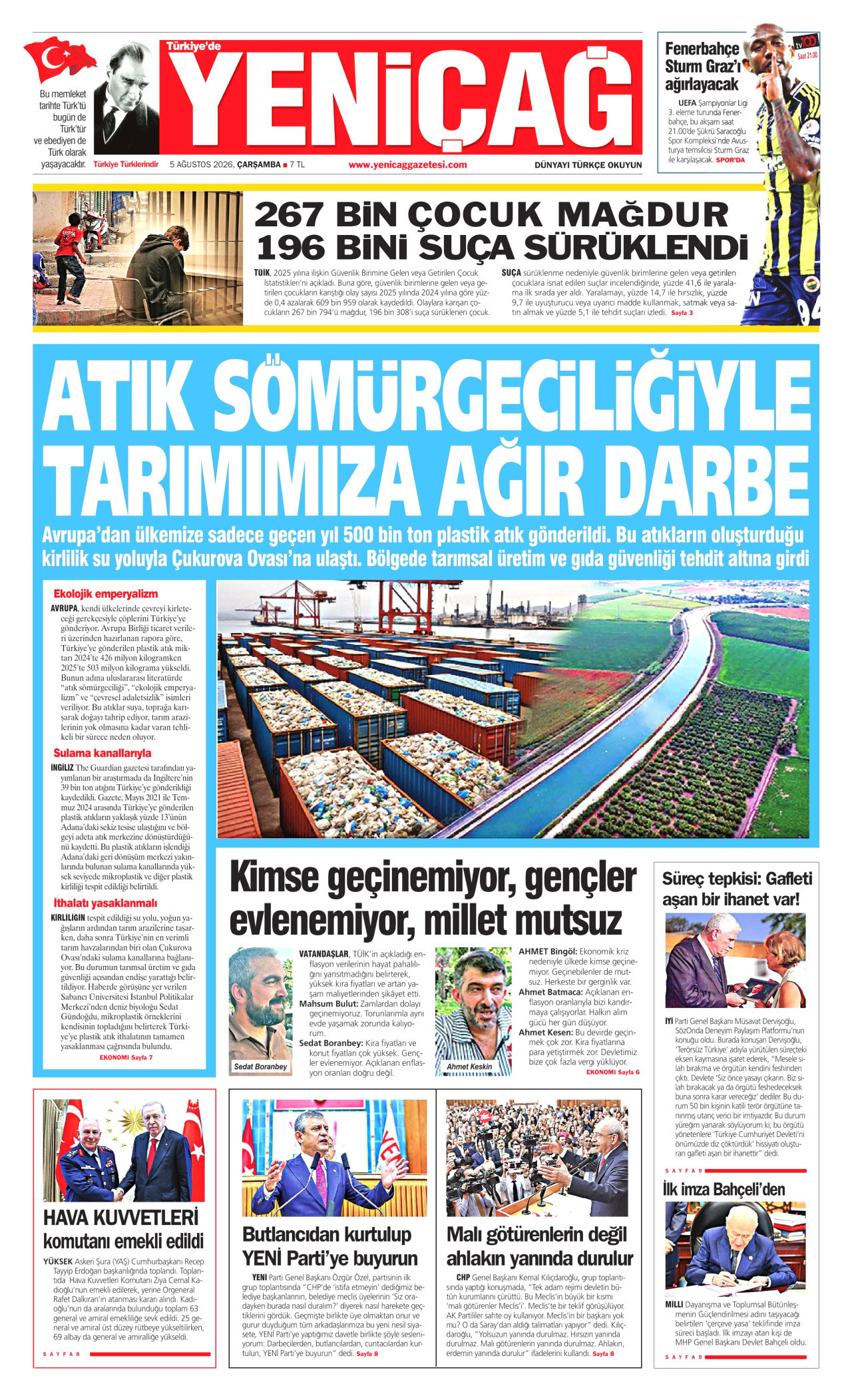 YENİÇAĞ gazetesinin 5 Ağustos 2026 tarihli birinci sayfası