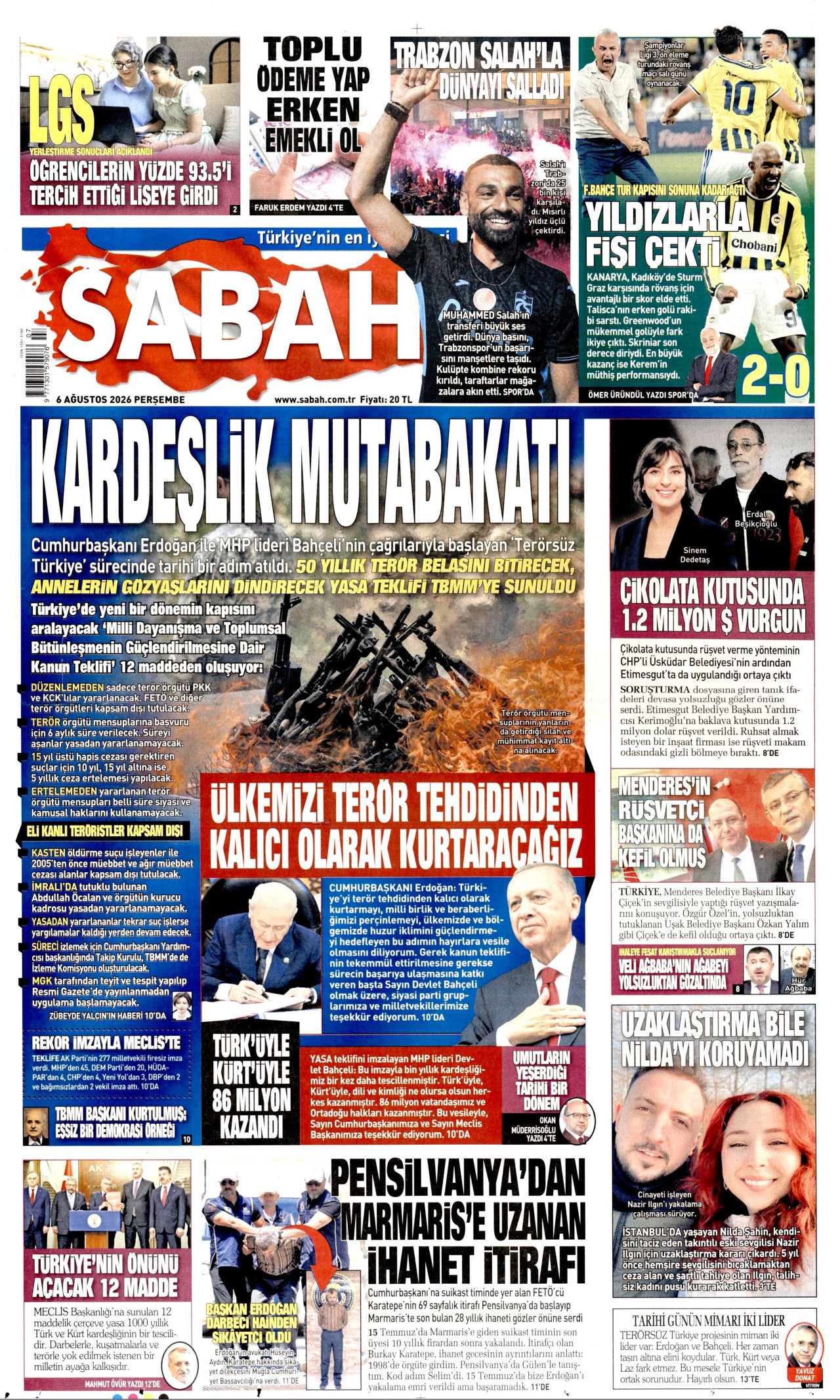SABAH gazetesinin 6 Ağustos 2026 tarihli birinci sayfası