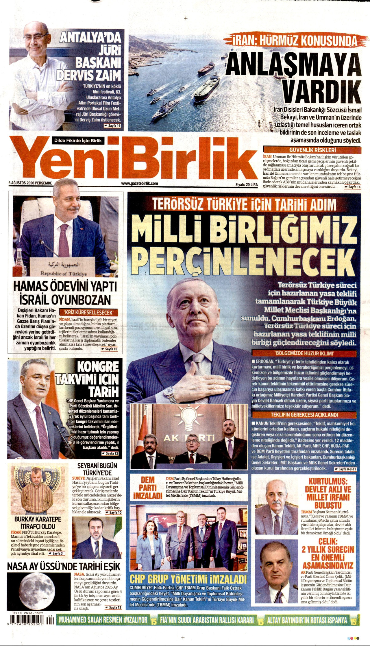 YENİBİRLİK gazetesinin 6 Ağustos 2026 tarihli birinci sayfası