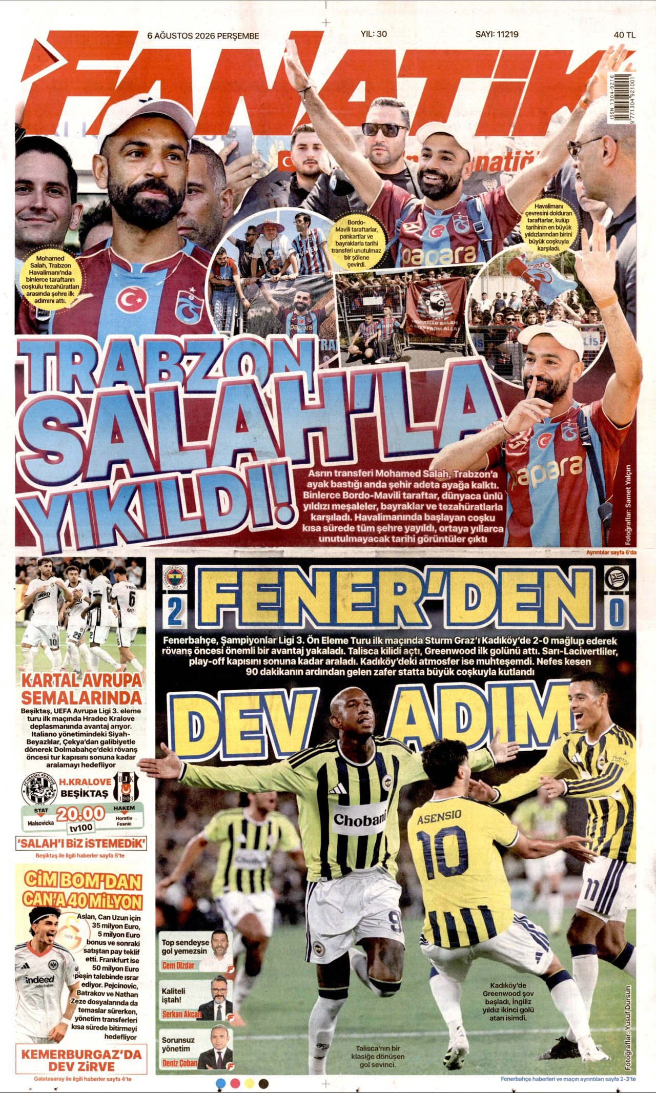 FANATİK gazetesinin 6 Ağustos 2026 tarihli birinci sayfası