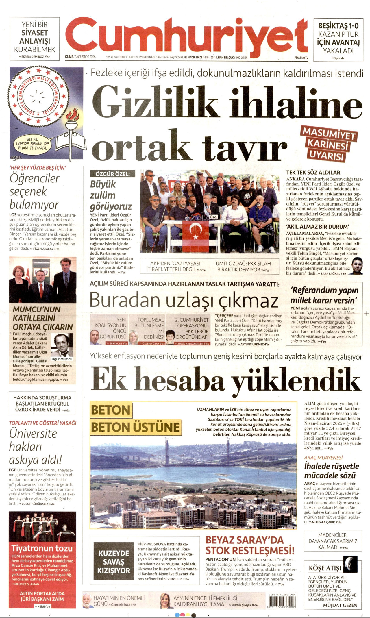 CUMHURİYET gazetesinin 7 Ağustos 2026 tarihli birinci sayfası