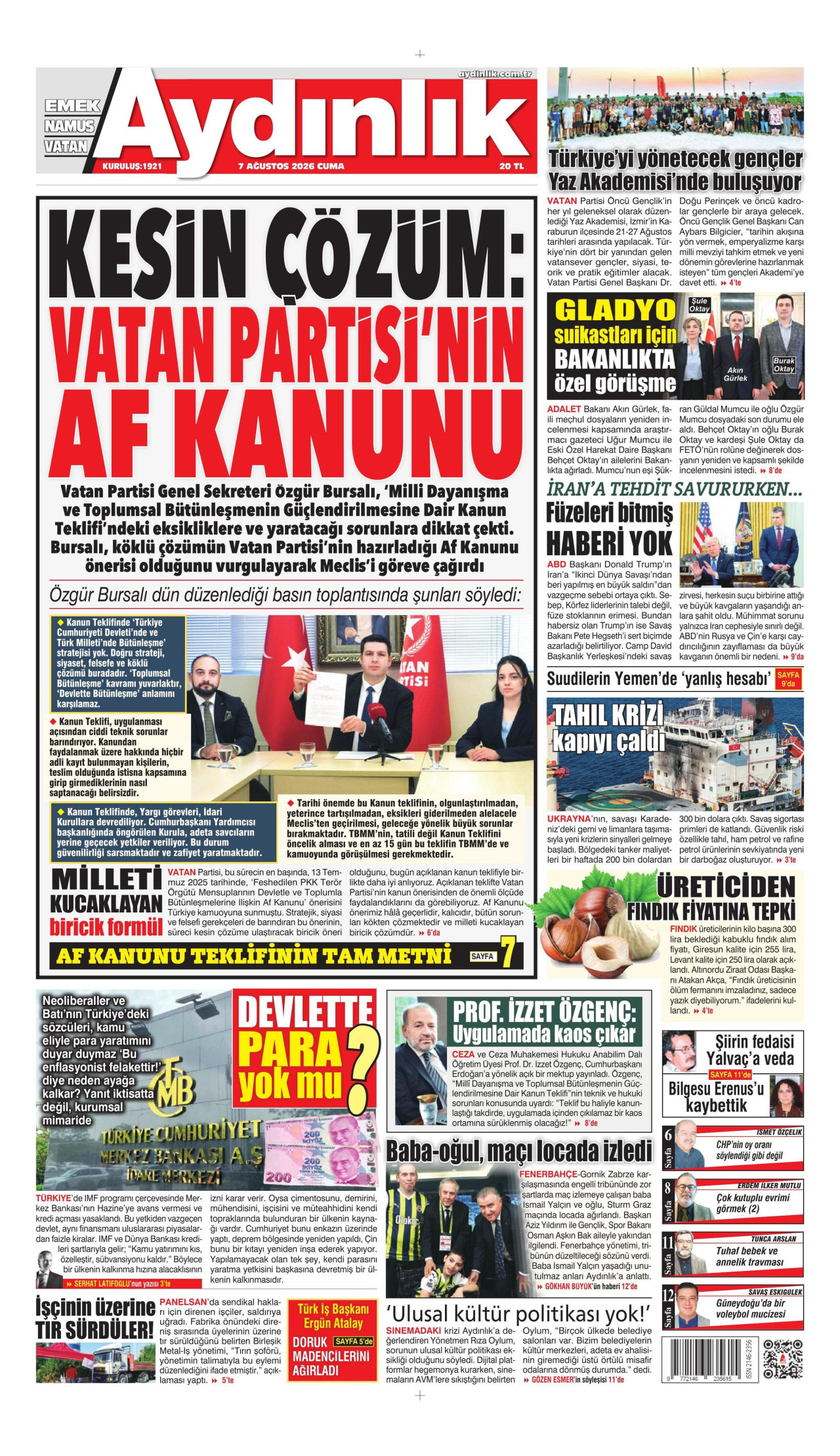 AYDINLIK GAZETESİ gazetesinin 7 Ağustos 2026 tarihli birinci sayfası