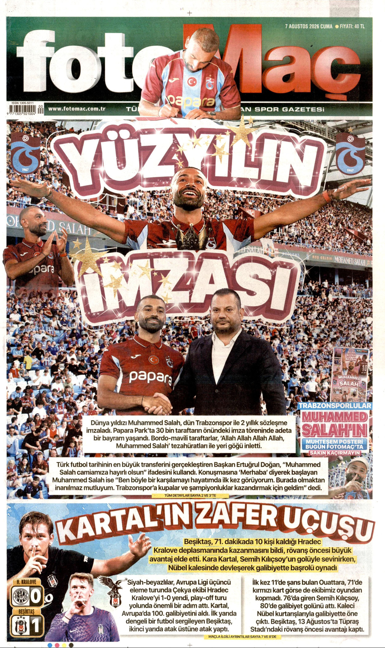 FOTOMAÇ gazetesinin 7 Ağustos 2026 tarihli birinci sayfası